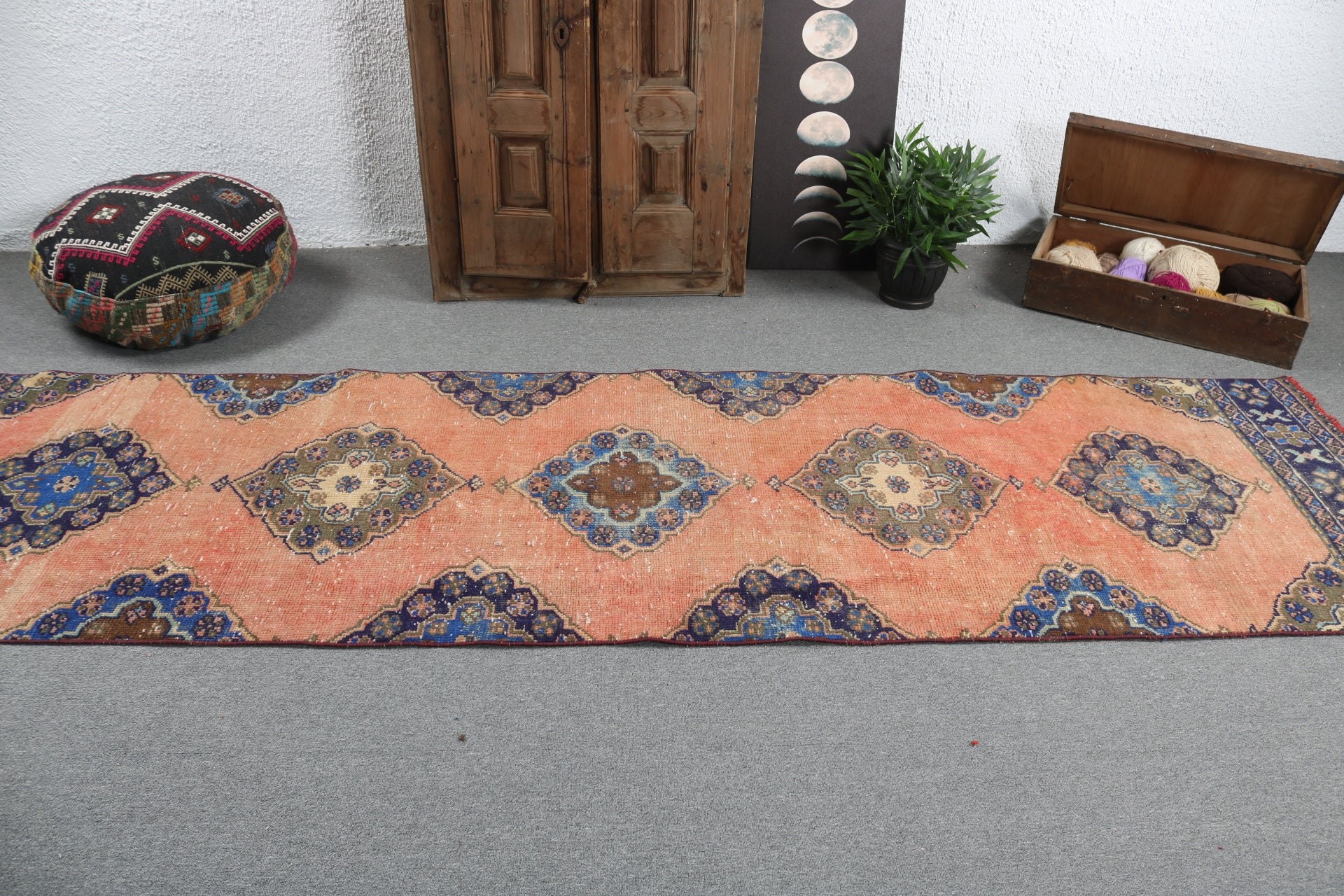 Koridor Halıları, Vintage Halılar, 3,1x11,5 ft Yolluk Halı, Türk Halısı, Uzun Yolluk Halıları, Turuncu Oryantal Halılar, Boho Halılar, Antika Halılar