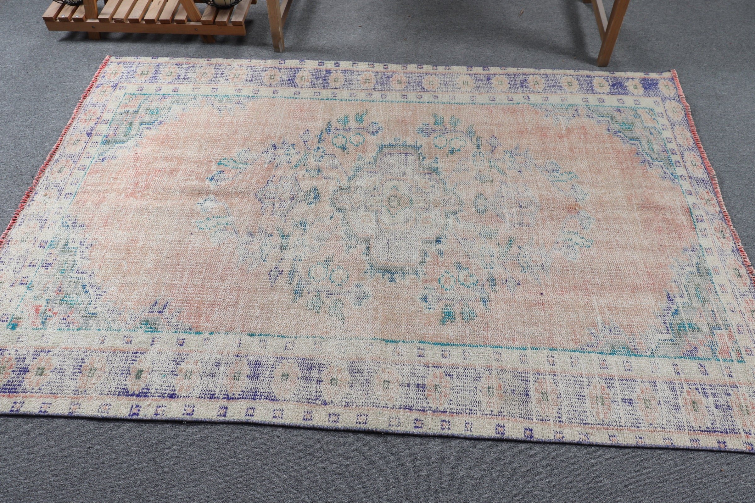 Ev Dekor Halısı, Yatak Odası Halıları, Türk Halıları, Bej 4.6x6.7 ft Alan Halısı, Oushak Halısı, Oturma Odası Halıları, Eski Halı, Vintage Halı