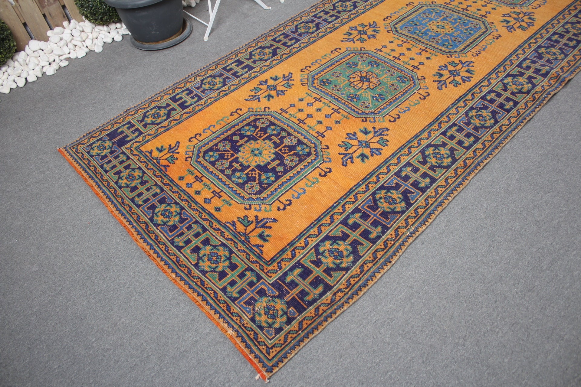 Runner Halıları, Vintage Halılar, Türk Halısı, Koridor Halısı, Soğuk Halı, Sarı Soğuk Halı, Yer Halısı, Mutfak Halısı, 4.3x11.3 ft Runner Halısı