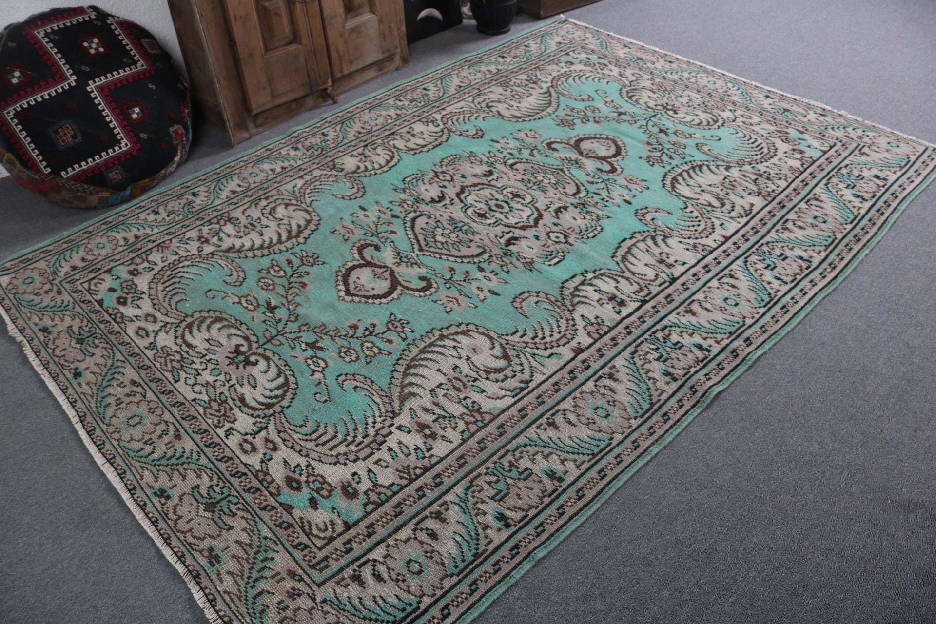 Yemek Odası Halıları, Oushak Halıları, 5.8x8.5 ft Büyük Halı, Vintage Halı, Büyük Oushak Halıları, Yeşil Nötr Halılar, Türk Halıları, Antika Halılar