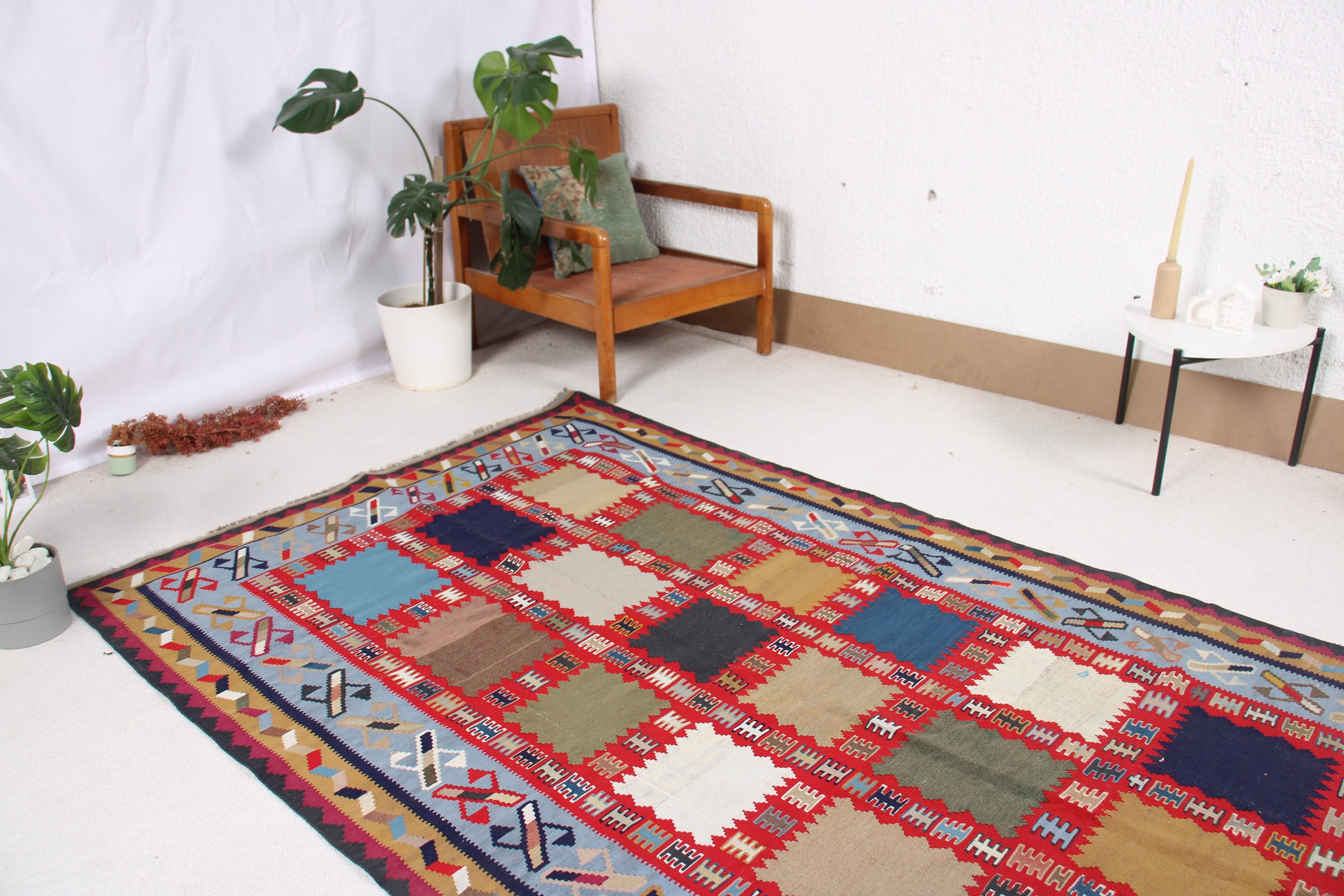 Yer Halısı, Soğuk Halı, Yemek Odası Halısı, Vintage Halılar, Mavi Oushak Halısı, Türk Halıları, Oushak Bölge Halısı, Kilim, Boho Halıları, 4,8x7,8 ft Alan Halısı