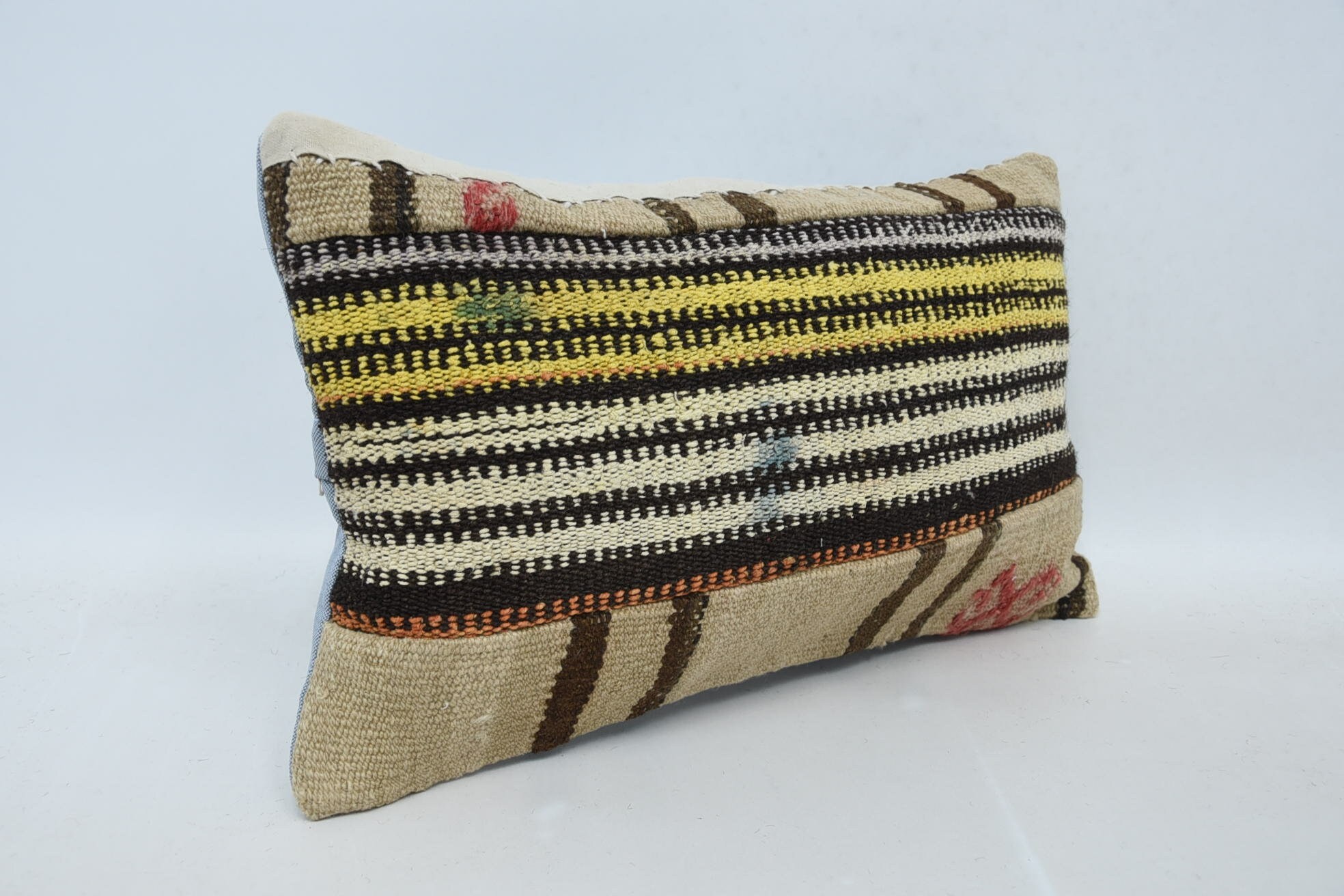 Ev Dekor Yastık, 12"x20" Bej Yastık Kılıfı, Bahçe Minderi, Etnik Kilim Halı Yastık, İç Tasarım Yastık