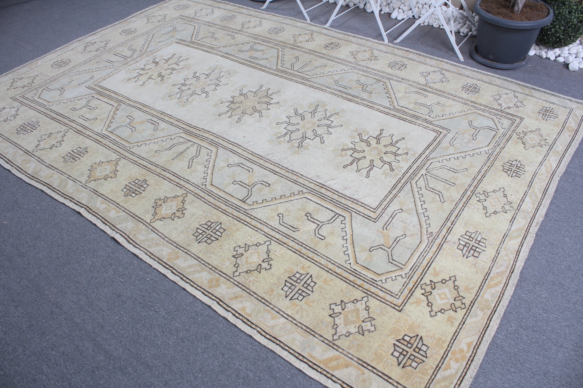 Salon Halıları, Bej Oushak Halı, Türk Halısı, Sessiz Halılar, Yemek Odası Halısı, Yatak Odası Halıları, Vintage Halı, 6,5x9,4 ft Büyük Halı