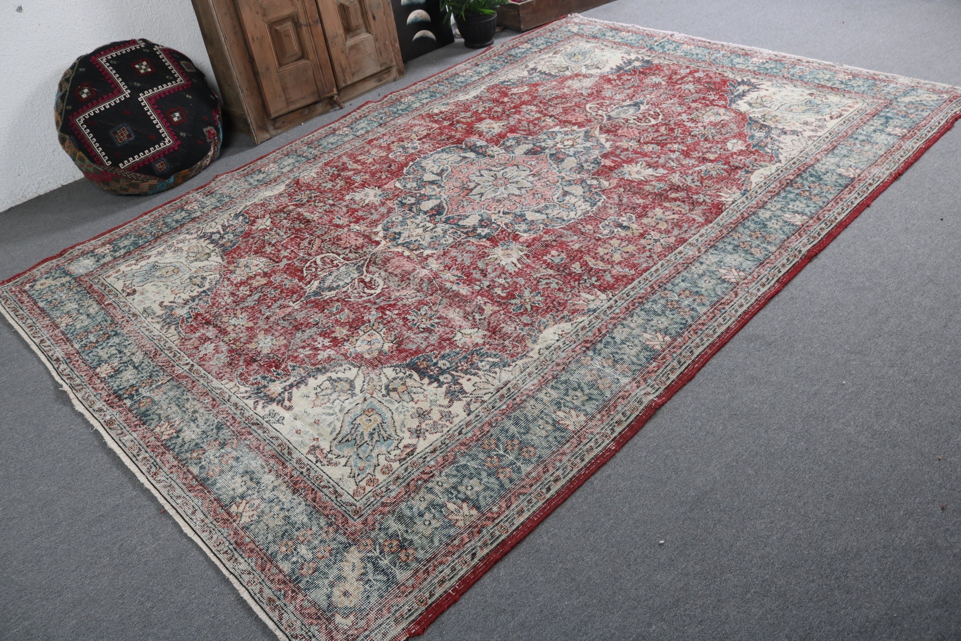 Türk Halıları, Kırmızı Açıklama Kilim, El Dokuma Halı, Vintage Halılar, Düz Dokuma Halılar, 7.1x10.4 ft Büyük Boy Halılar, Büyük Boy Vintage Halı