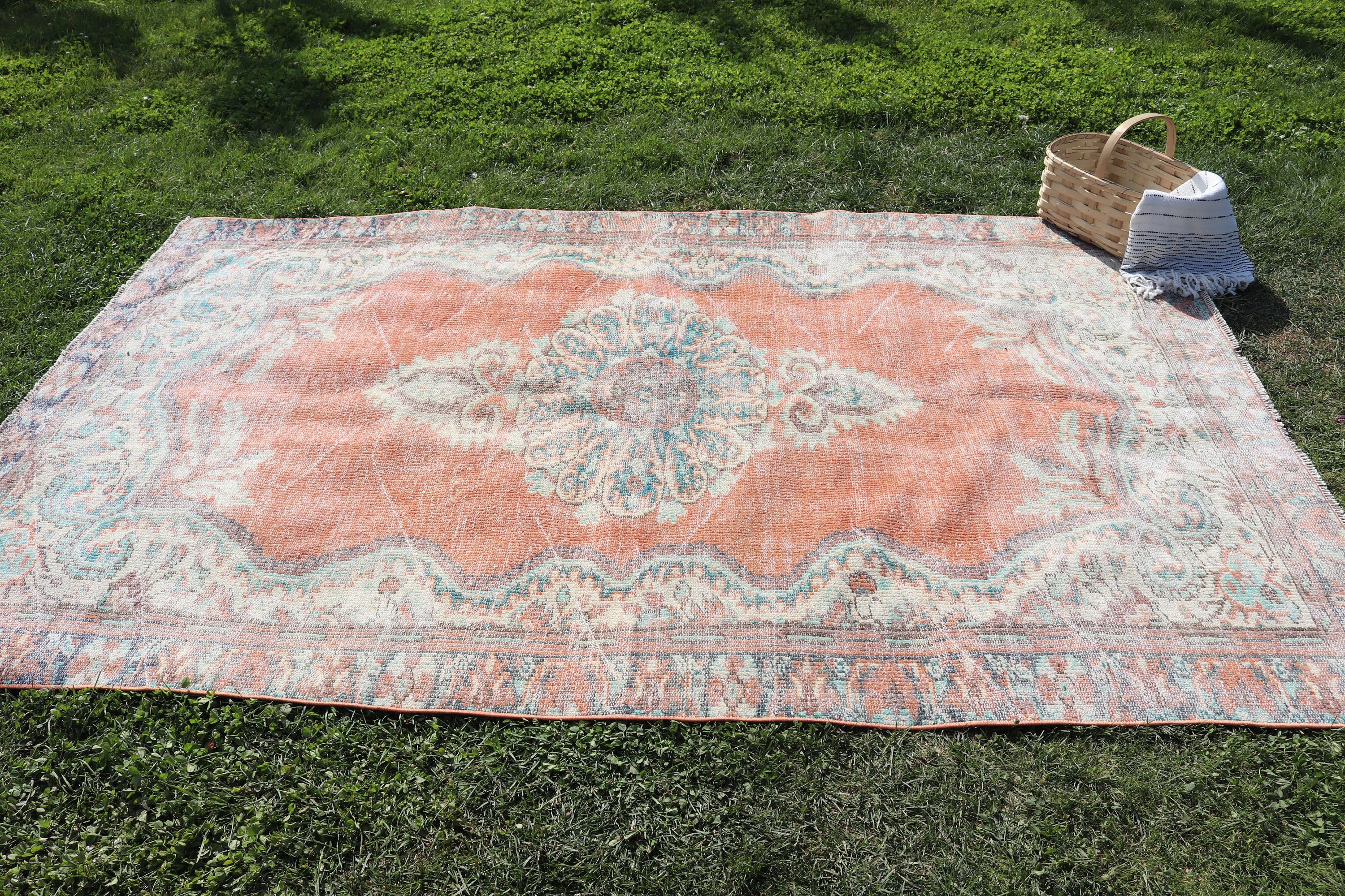 Yemek Odası Halıları, Ev Dekorasyonu Halısı, Anadolu Halısı, Türk Halıları, 5,3x8,2 ft Büyük Halılar, Turuncu Geometrik Halı, Vintage Halı, Büyük Boho Halıları