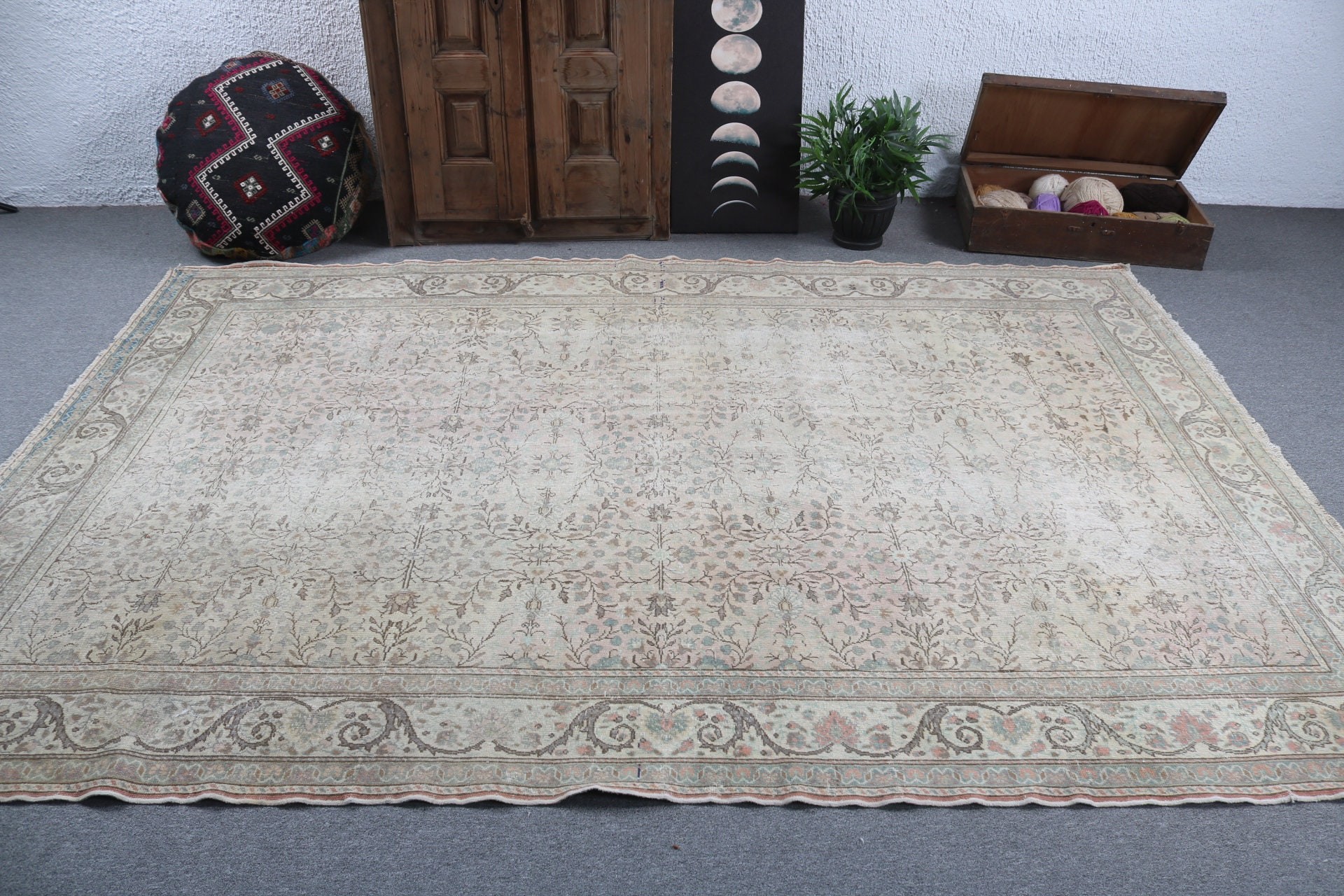 6.4x9.5 ft Büyük Halılar, Yeşil Fas Halıları, Yer Halısı, Oturma Odası Halısı, Türk Halıları, Vintage Halı, Büyük Oushak Halıları, Fas Halısı