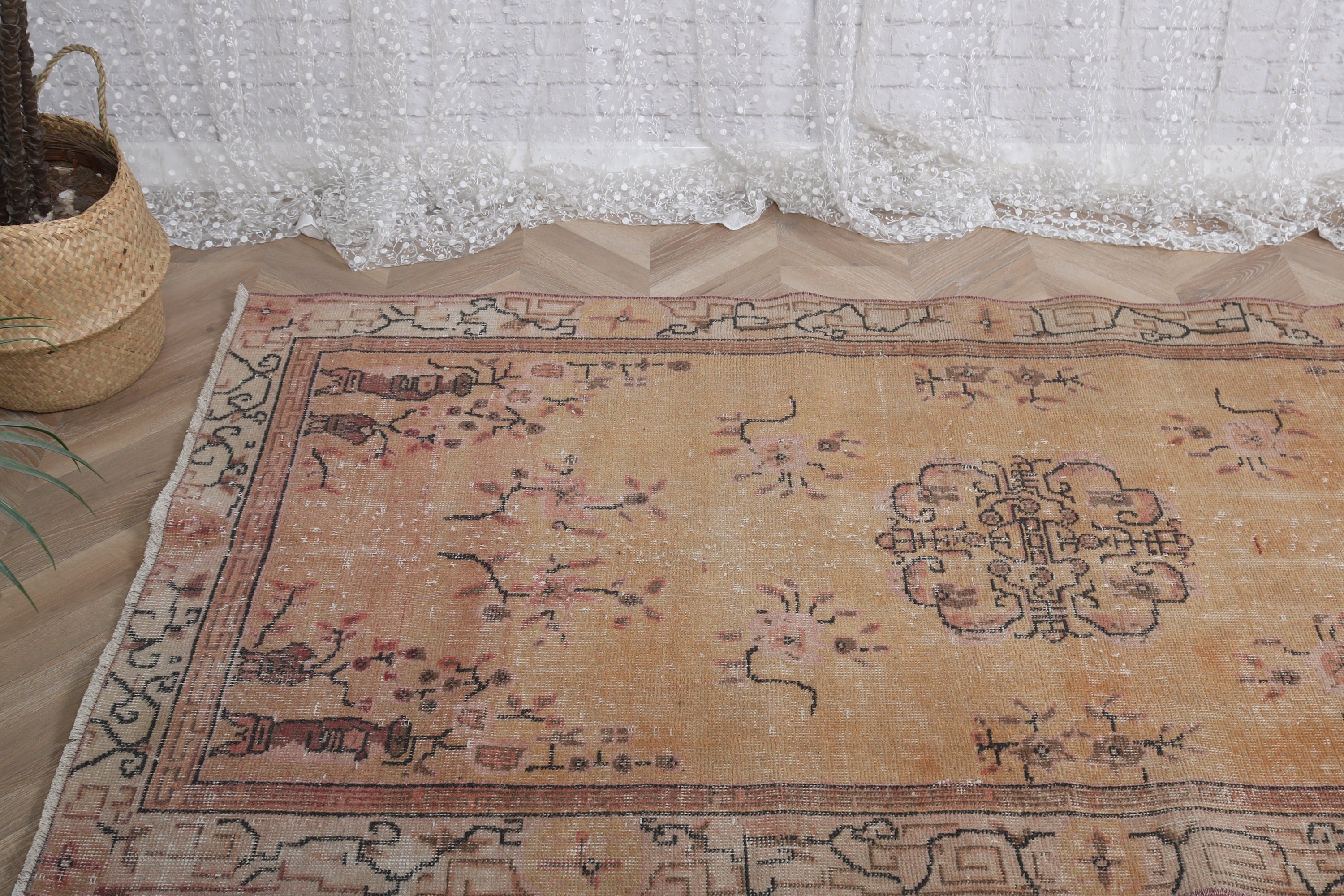 Giriş Halısı, Vintage Vurgulu Halılar, Vintage Halılar, Boho Halı, 3,5x6,8 ft Aksanlı Halılar, Türk Halıları, Sarı Geometrik Halılar