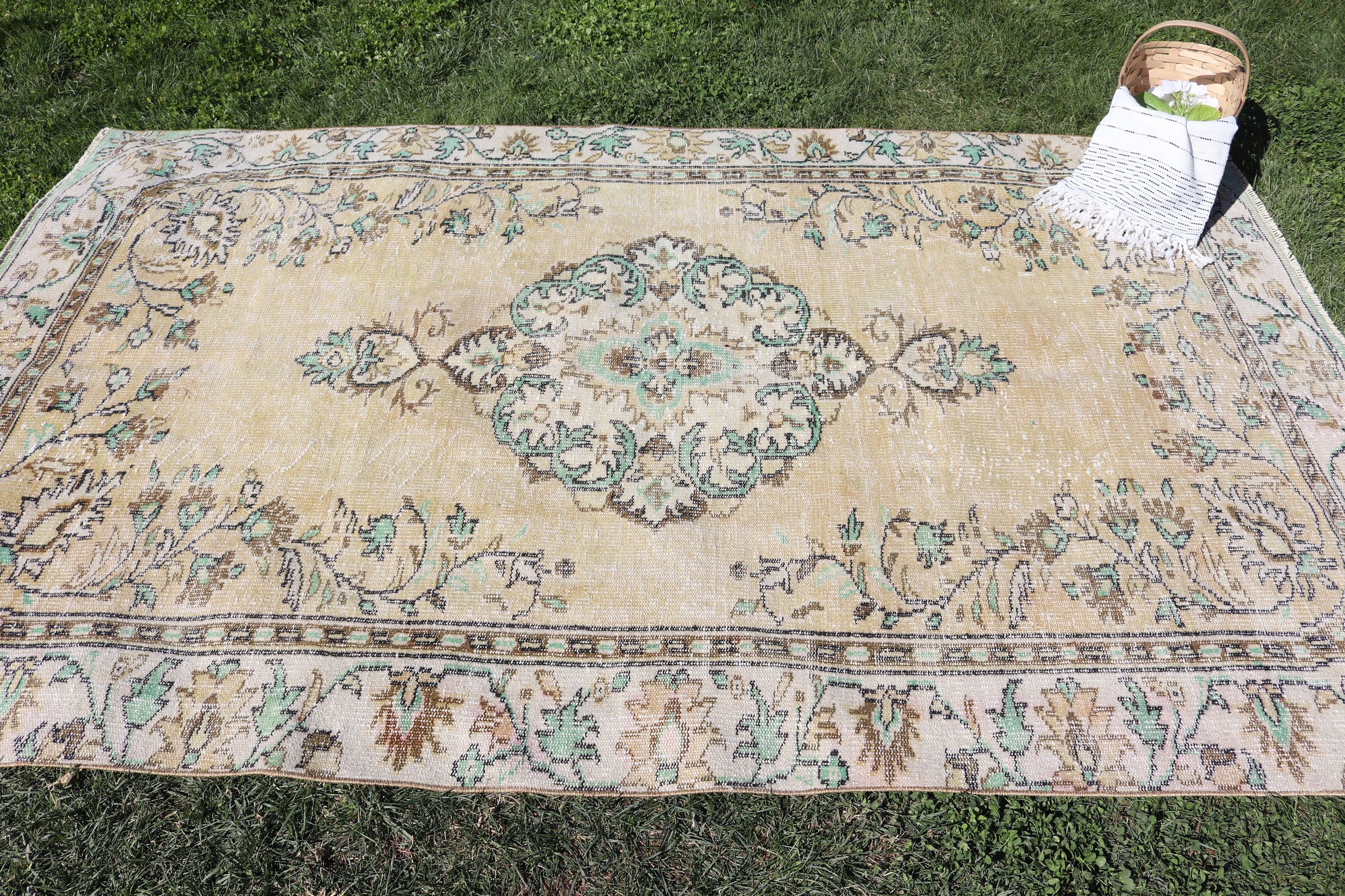 Büyük Oushak Halıları, Vintage Halılar, Sarı Antika Halılar, Yatak Odası Halısı, 5.3x8.4 ft Büyük Halılar, Türk Halıları, Büyük Vintage Halı