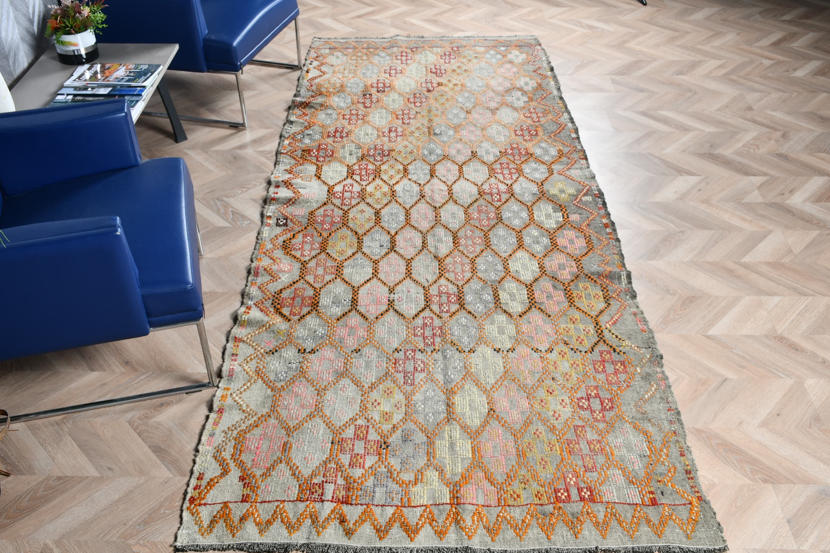 Merdiven Halısı, Sanat Halısı, Gri Oushak Halısı, Türk Halısı, Vintage Halılar, Mutfak Halısı, Mutfak Halıları, Kilim, 4.1x10.4 ft Yolluk Halısı