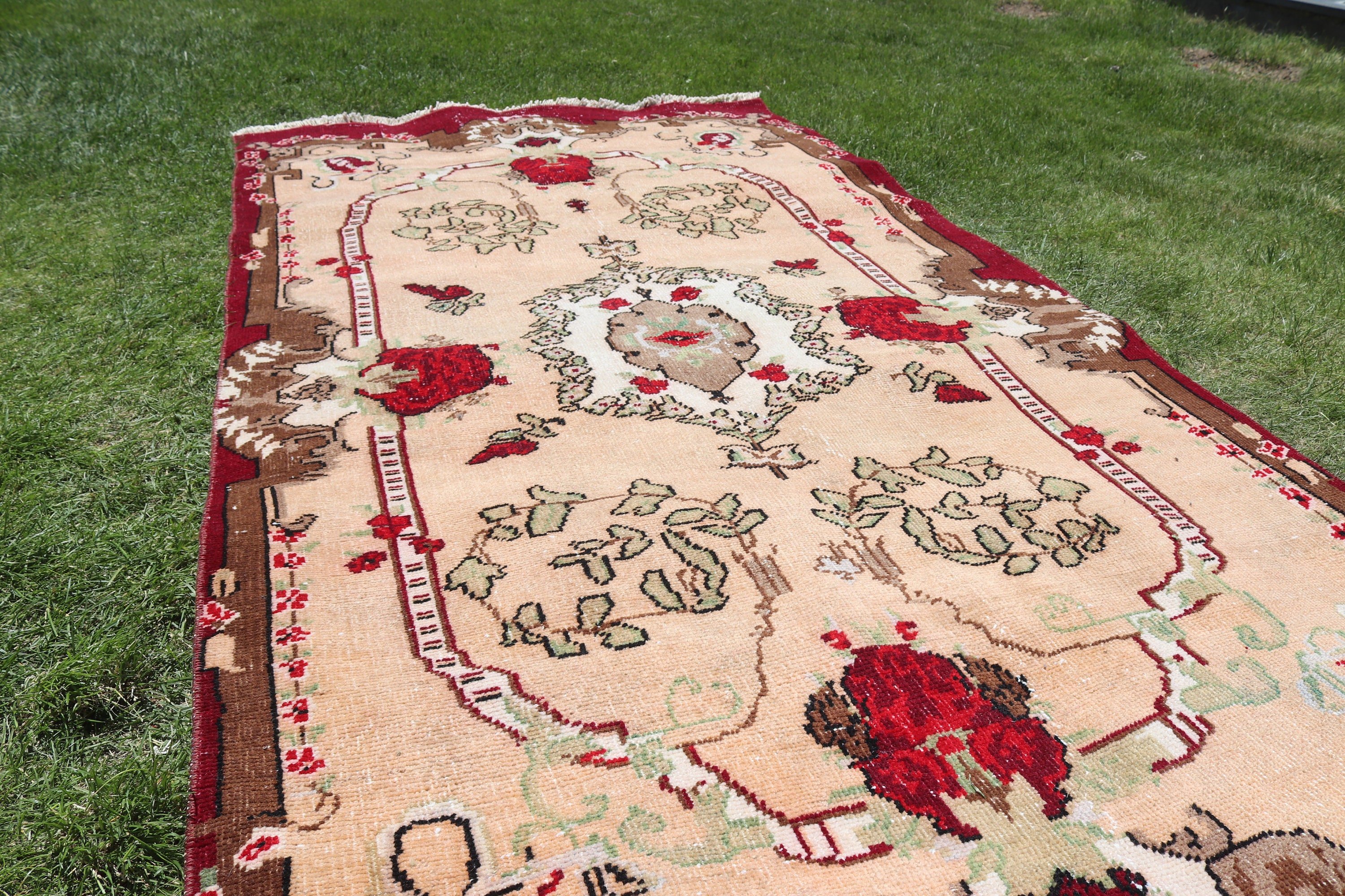 Vintage Rug, 3.9x8 ft Area Rugs, Geometric Rug, Bedroom Rug, Turkish Rugs, Neutral Rugs, Pink Floor Rugs, Kitchen Rug, Rugs for Indoor