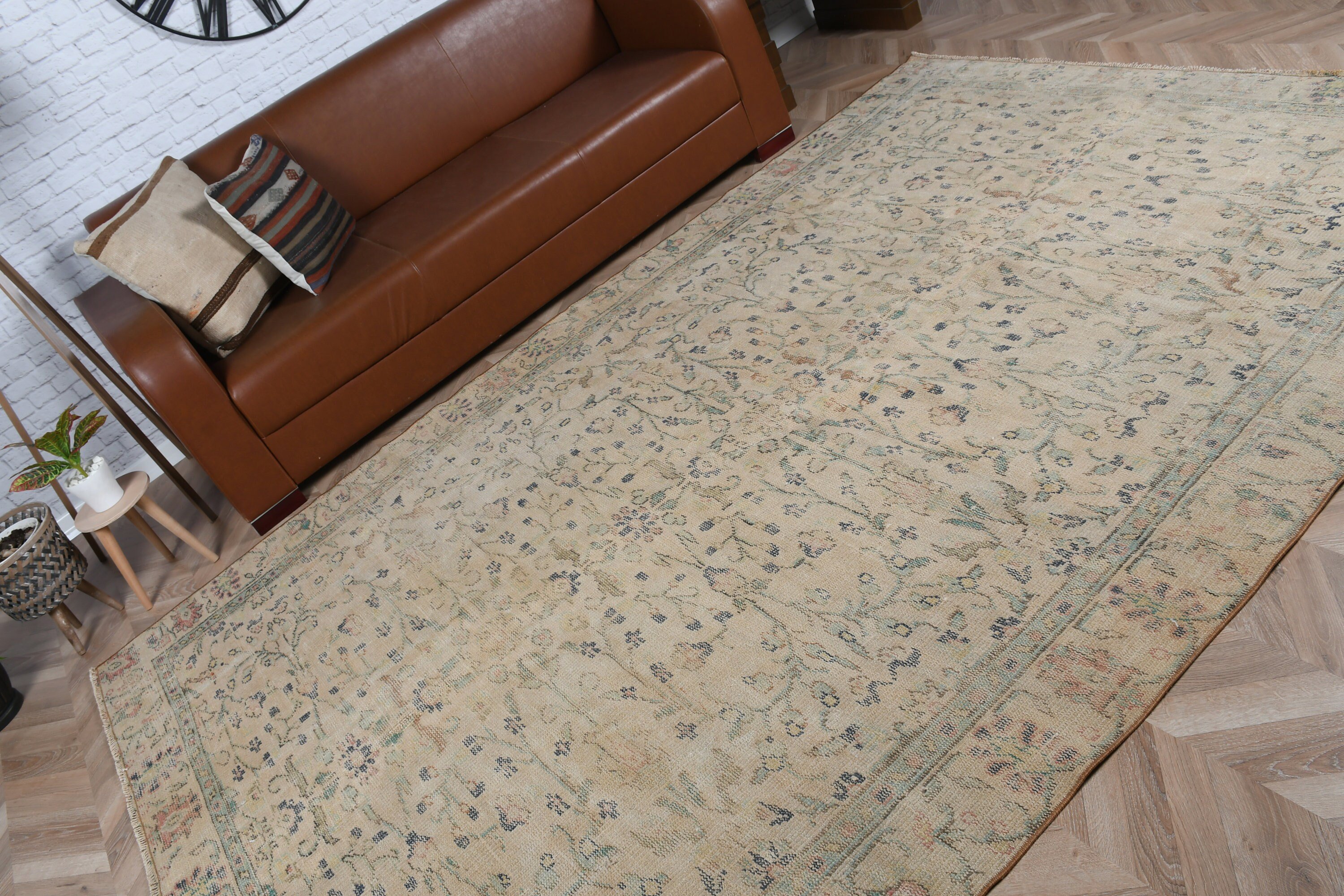 Yün Halı, Salon Halısı, Sarı Antika Halılar, 6.3x10 ft Büyük Halı, Türk Halısı, Oushak Halısı, Vintage Halı, Salon Halıları, Yemek Odası Halısı