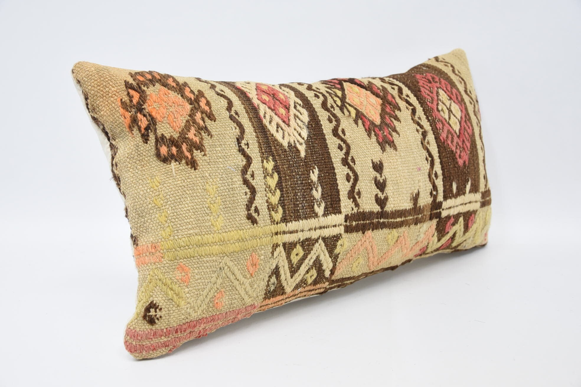 Ethnical Kilim Rug Pillow, Accent Pillow Sham, Interior Designer Pillow, 12"x24" Beige Pillow Cover, Throw Kilim Pillow