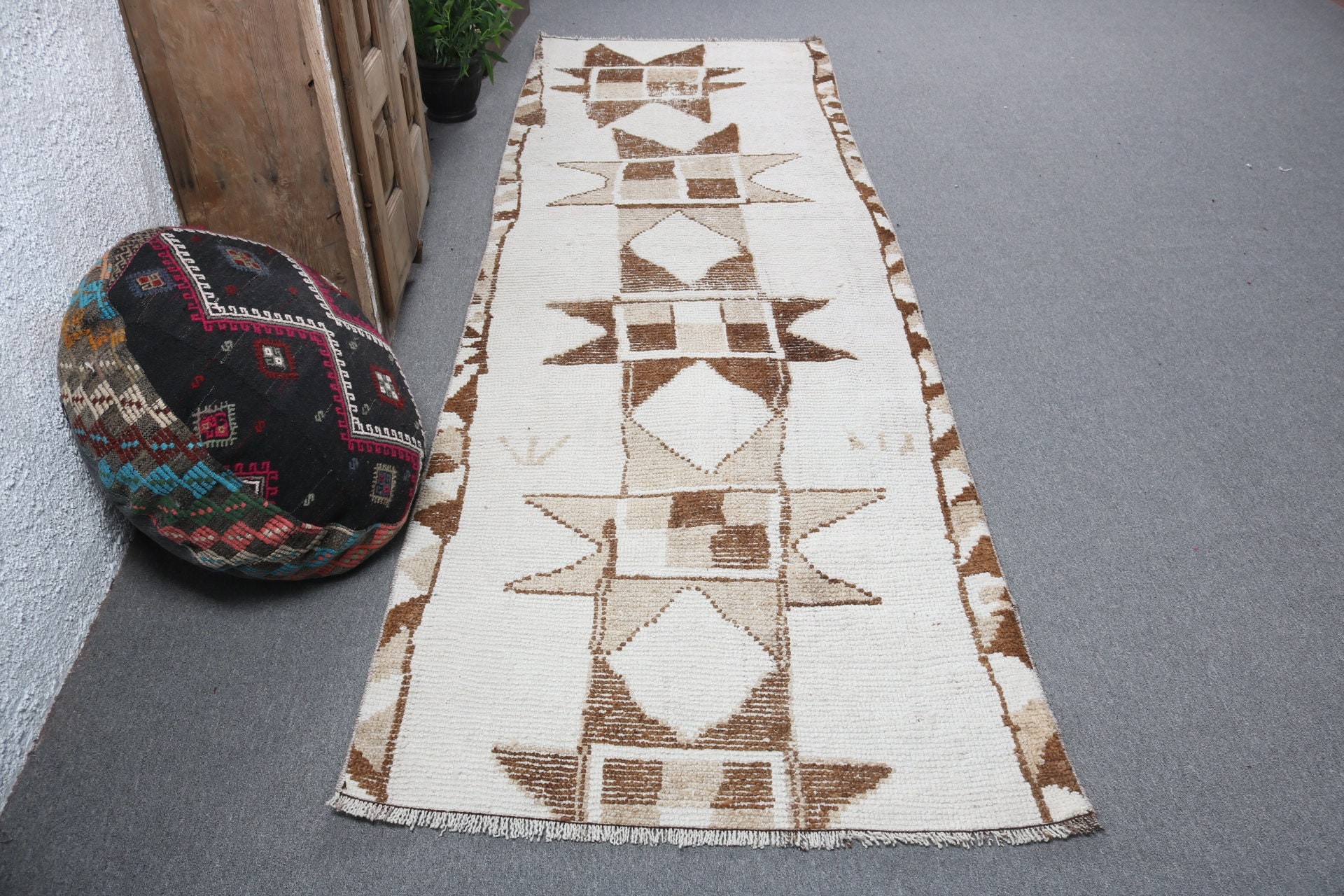 Vintage Halı, Türk Halısı, Yer Halısı, Beyaz 3.4x10.4 ft Runner Halıları, Uzun Runner Halısı, Boho Halıları, Vintage Runner Halıları