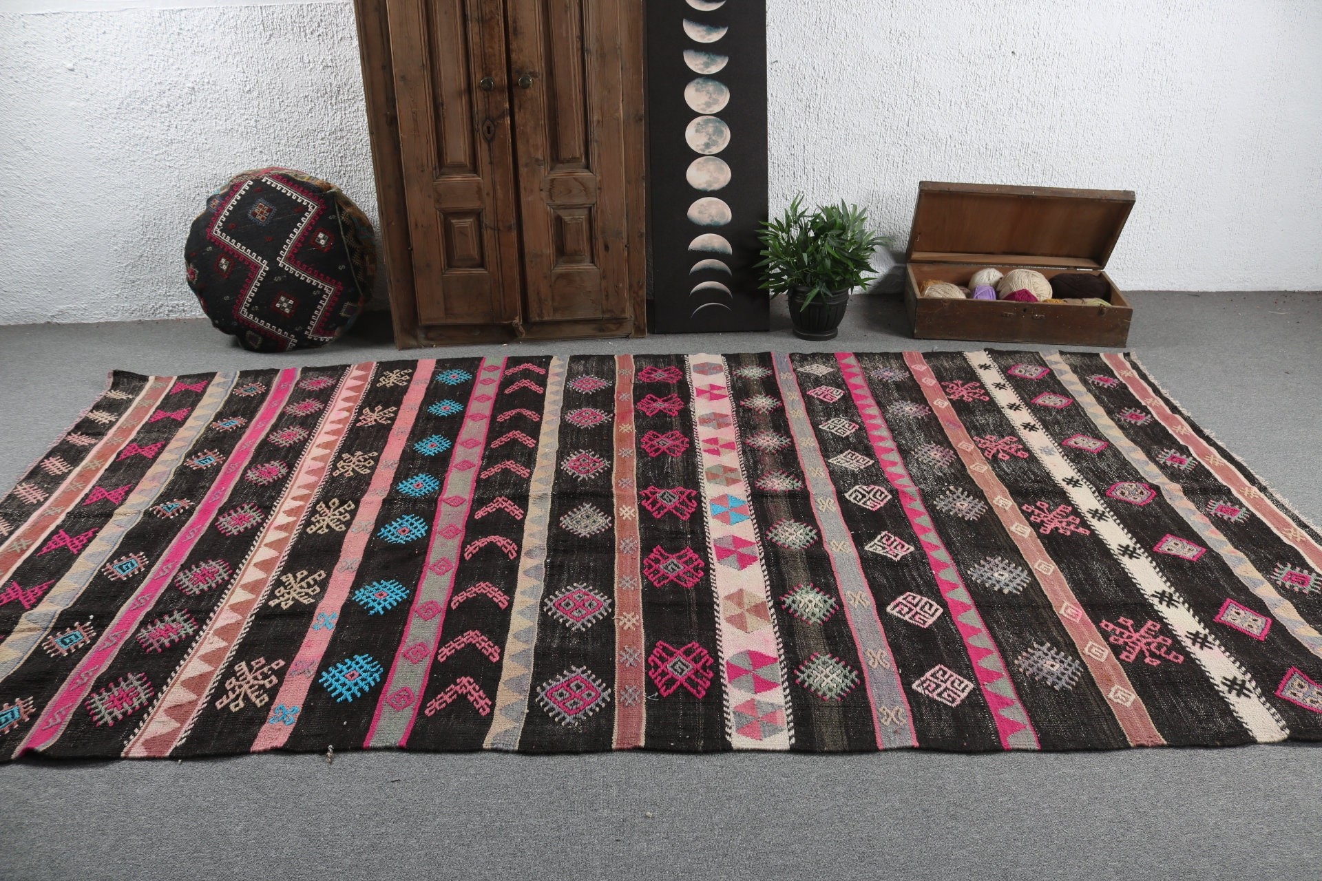 Siyah Yer Halıları, Büyük Vintage Halılar, Kilim, Anadolu Halısı, Yatak Odası Halıları, 6.2x11 ft Büyük Halı, Vintage Halı, Türk Halıları