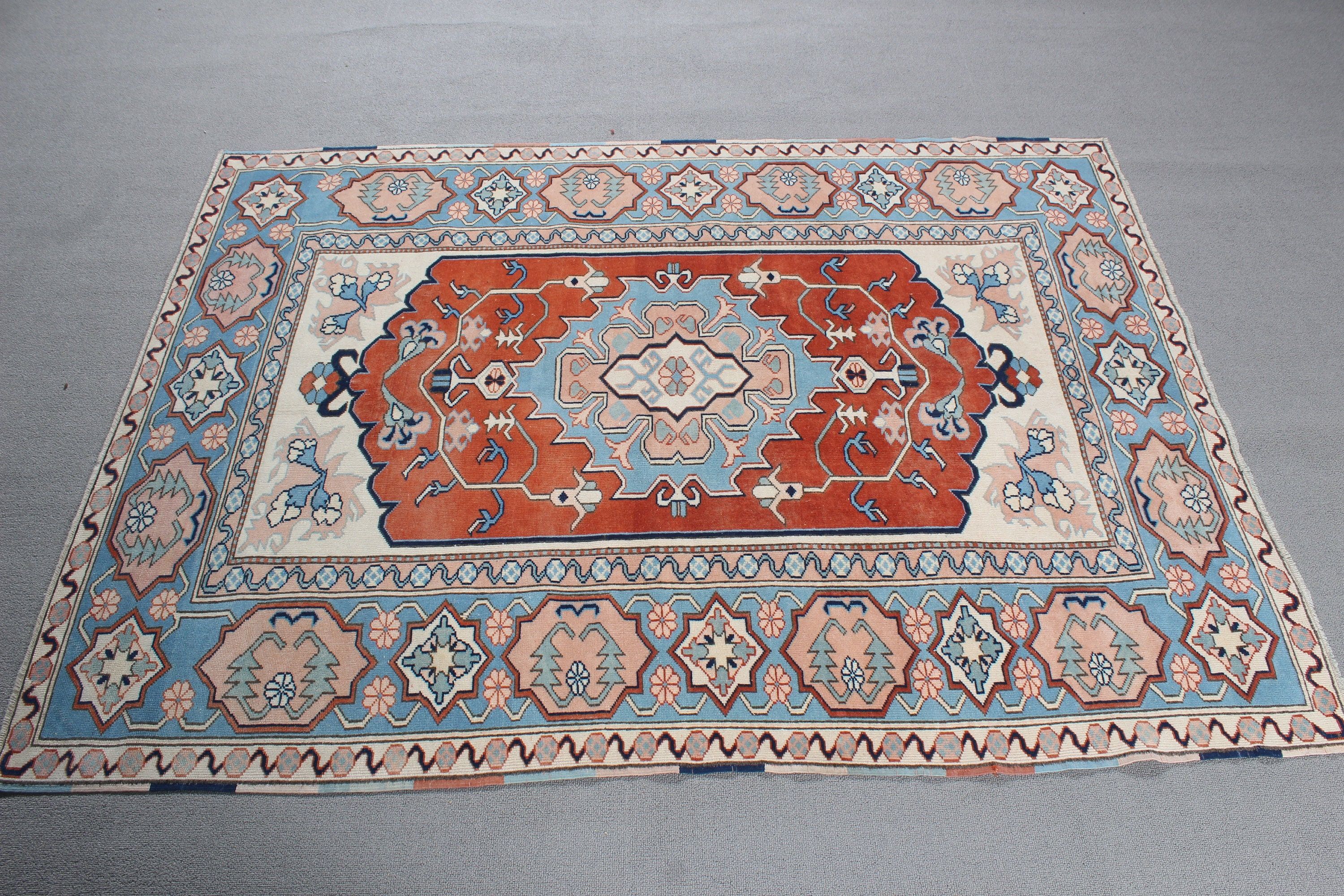 Aztek Halısı, 4.1x5.6 ft Accent Halıları, Türk Halıları, Kırmızı Ev Dekor Halıları, Giriş Halıları, Boho Accent Halısı, Oushak Halısı, Vintage Halı