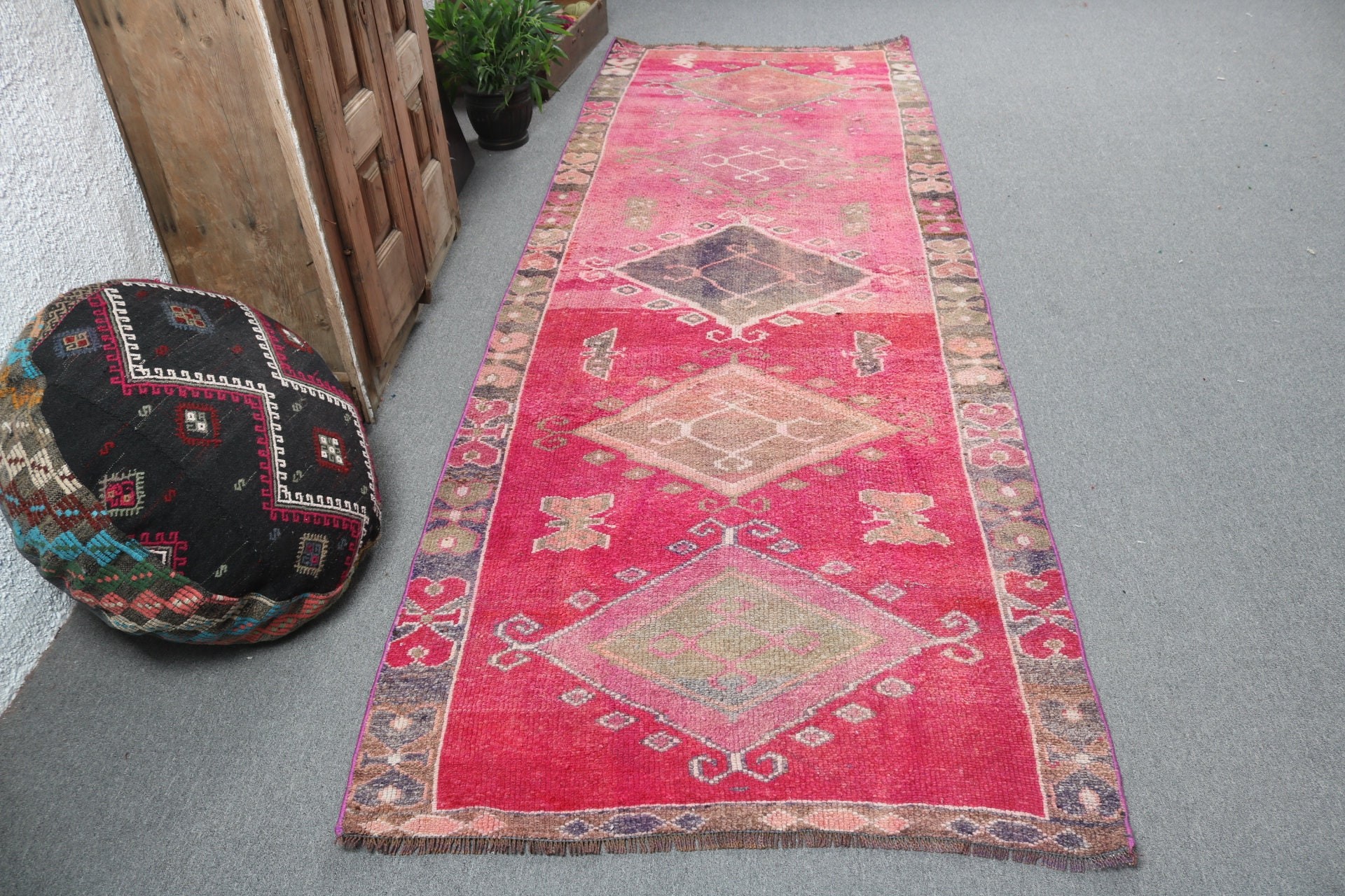 3.6x10.3 ft Runner Halı, Geometrik Halı, Anadolu Halıları, Mutfak Halısı, Türk Halısı, Koridor Halıları, Boho Halıları, Vintage Halı, Pembe Düz Dokuma Halılar