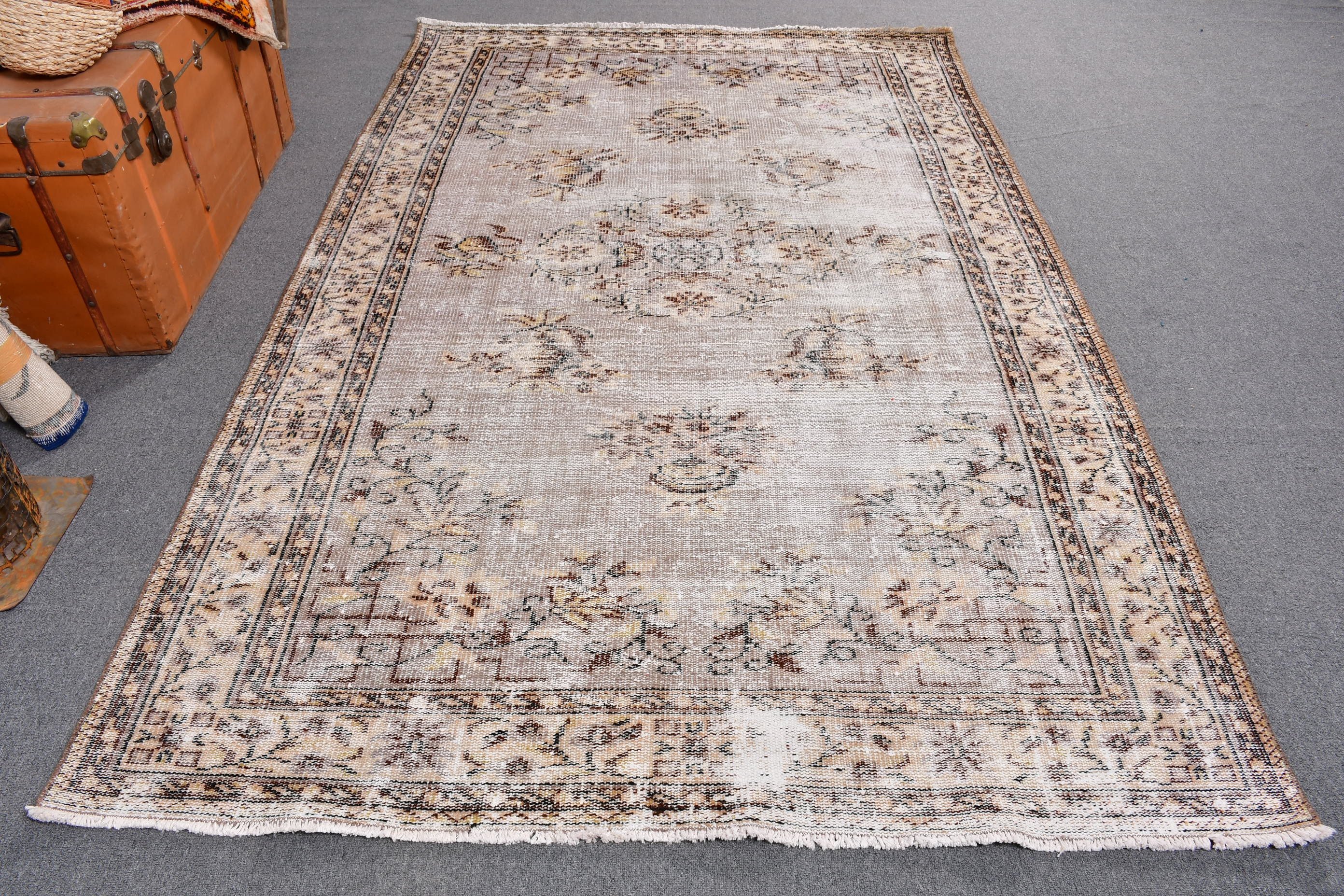 Türk Halıları, Yemek Odası Halısı, 5.5x8.8 ft Büyük Halılar, Yatak Odası Halıları, Nötr Halılar, Vintage Halılar, Modern Halılar, Sarı Geometrik Halılar