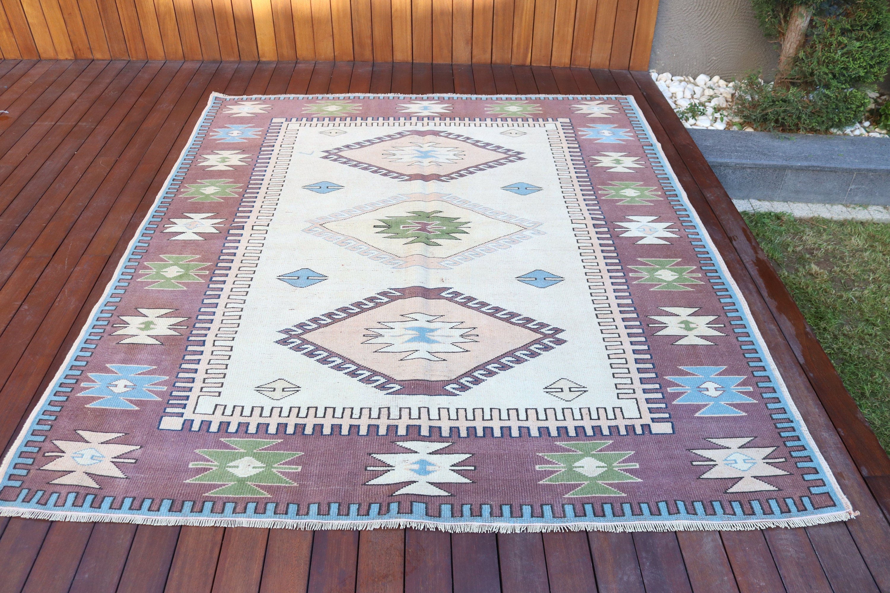 Oturma Odası Halıları, Salon Halıları, 6x7,1 ft Büyük Halı, Vintage Halı, Salon Halıları, Bej Yer Halıları, Yün Halı, Türk Halısı, El Dokuma Halı