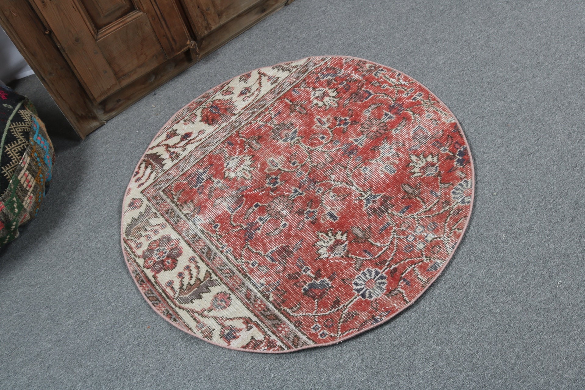 3.1x3.1 ft Küçük Halılar, Türk Halısı, Vintage Halılar, Yatak Odası Halıları, Boho Halı, Geometrik Halılar, Küçük Alan Halısı, Kırmızı Geometrik Halılar