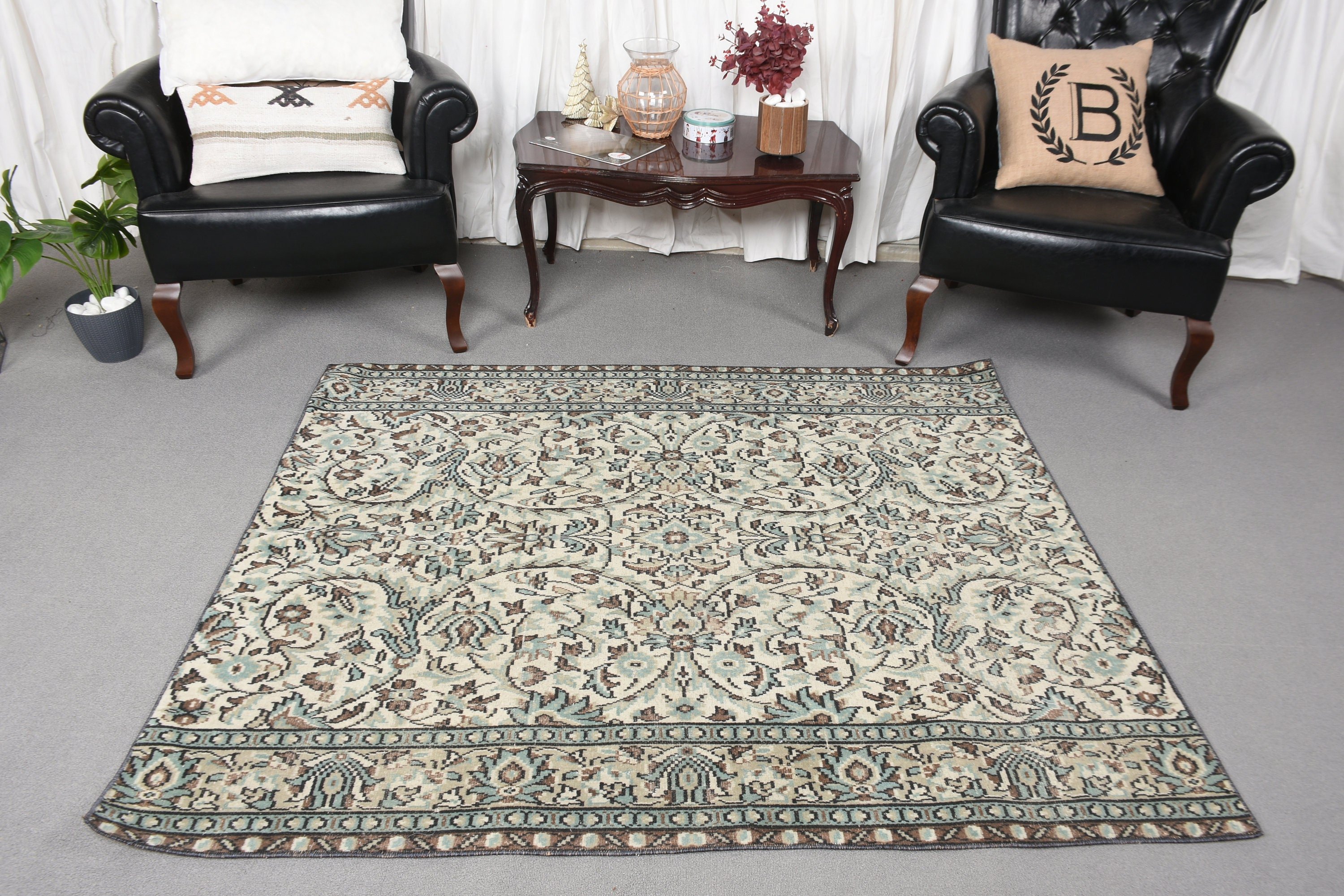 Green Boho Rugs, Vintage Rug, Turkish Rugs, Living Room Rug, 4.7x5.6 ft Area Rugs, Modern Rugs, Rugs for Floor, Bedroom Rugs