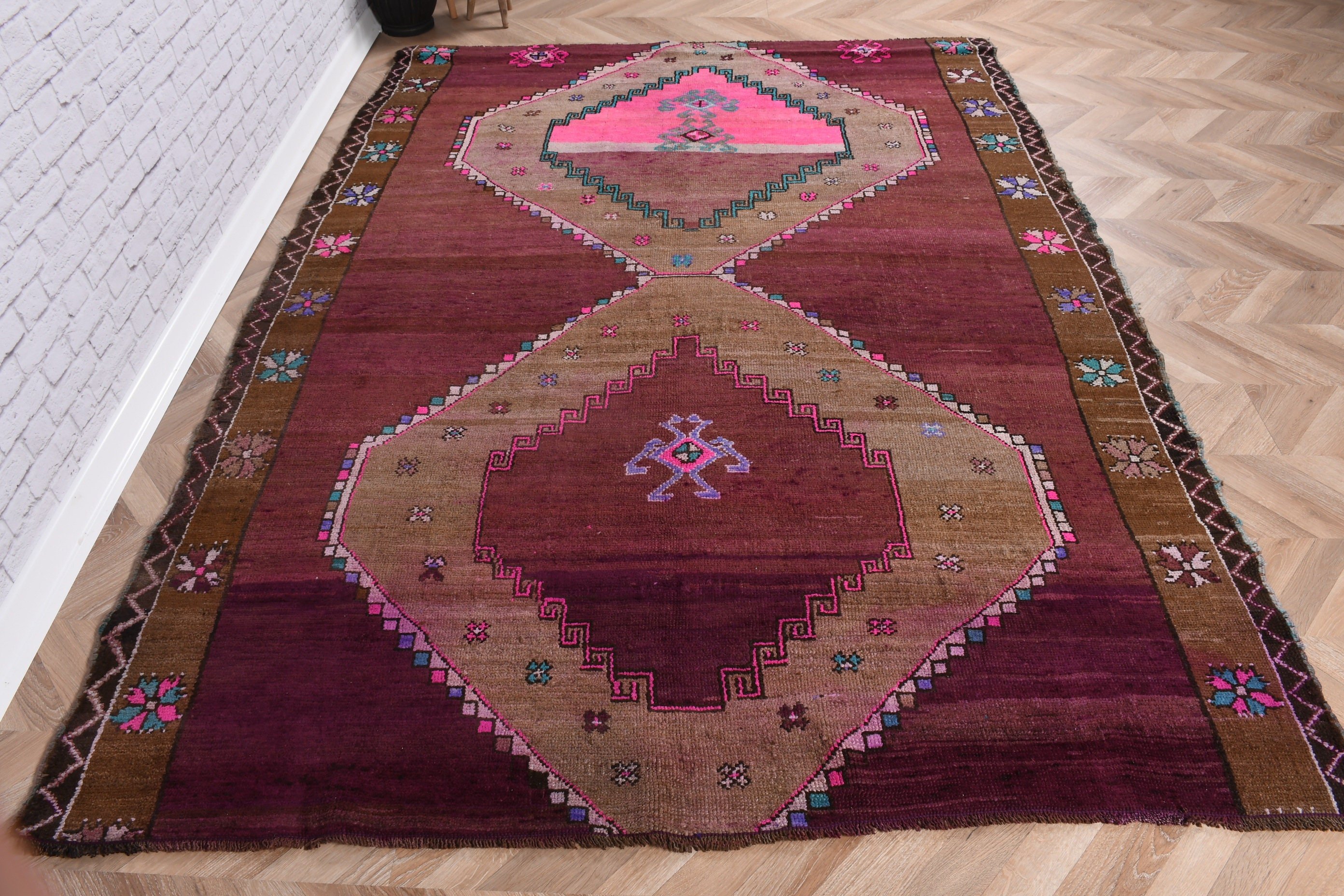 Salon Halısı, Vintage Halılar, Nötr Halı, 5,9x7,8 ft Büyük Halı, Etnik Halı, Büyük Oushak Halıları, Mor Boho Halıları, Bildiri Halısı, Türk Halıları