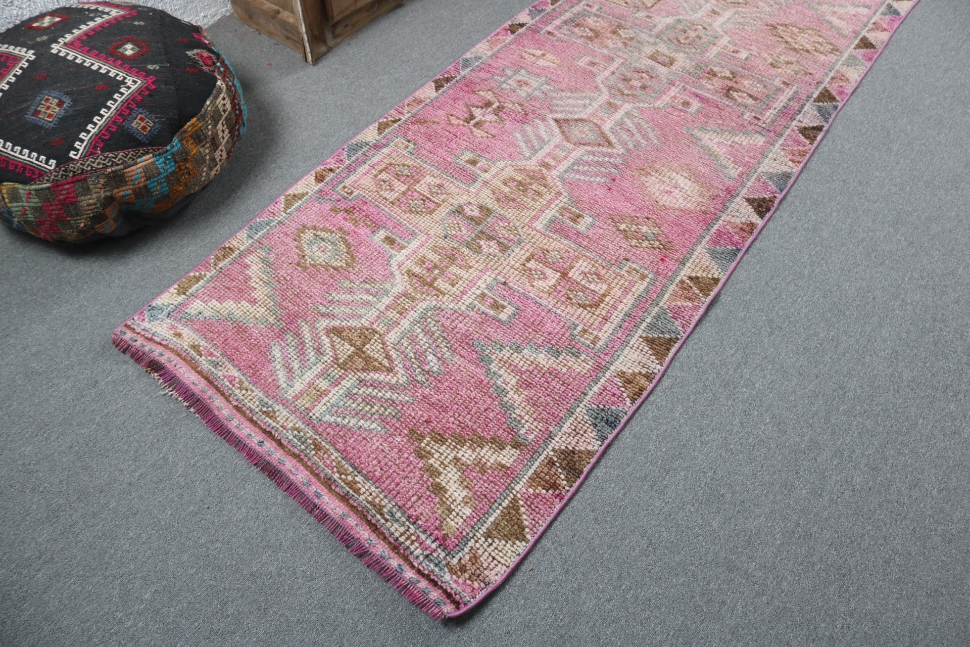 Pink Wool Rugs, Geometric Rug, Turkish Rug, Bedroom Rugs, 3.1x10.8 ft Runner Rug, Vintage Rugs, Hallway Rugs, Rugs for Beni Ourain Runner