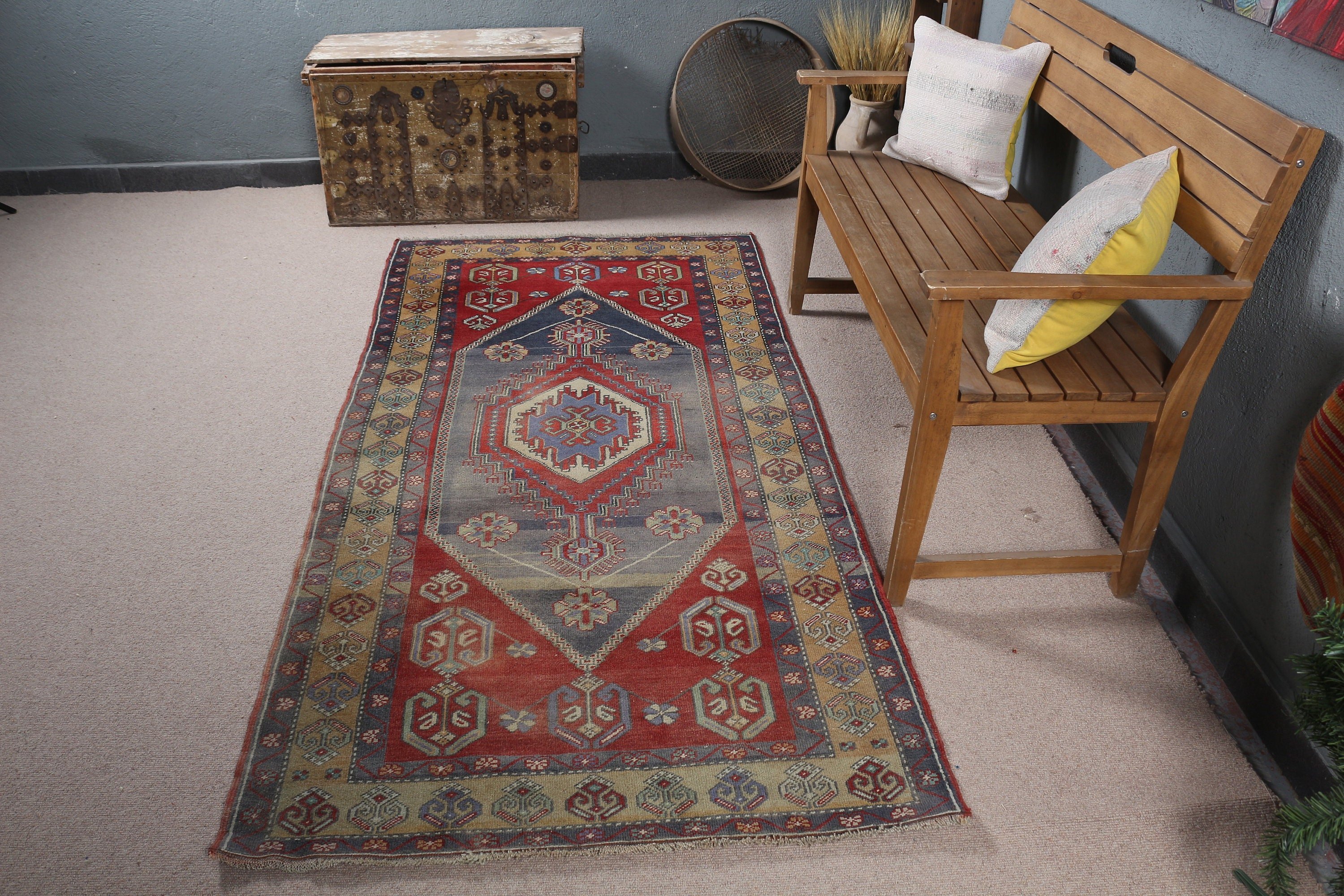 Floor Rug, Red Cool Rugs, Vintage Rugs, Rugs for Living Room, Antique Rug, Turkish Rug, Indoor Rug, Oushak Rugs, 3.6x7.4 ft Area Rugs