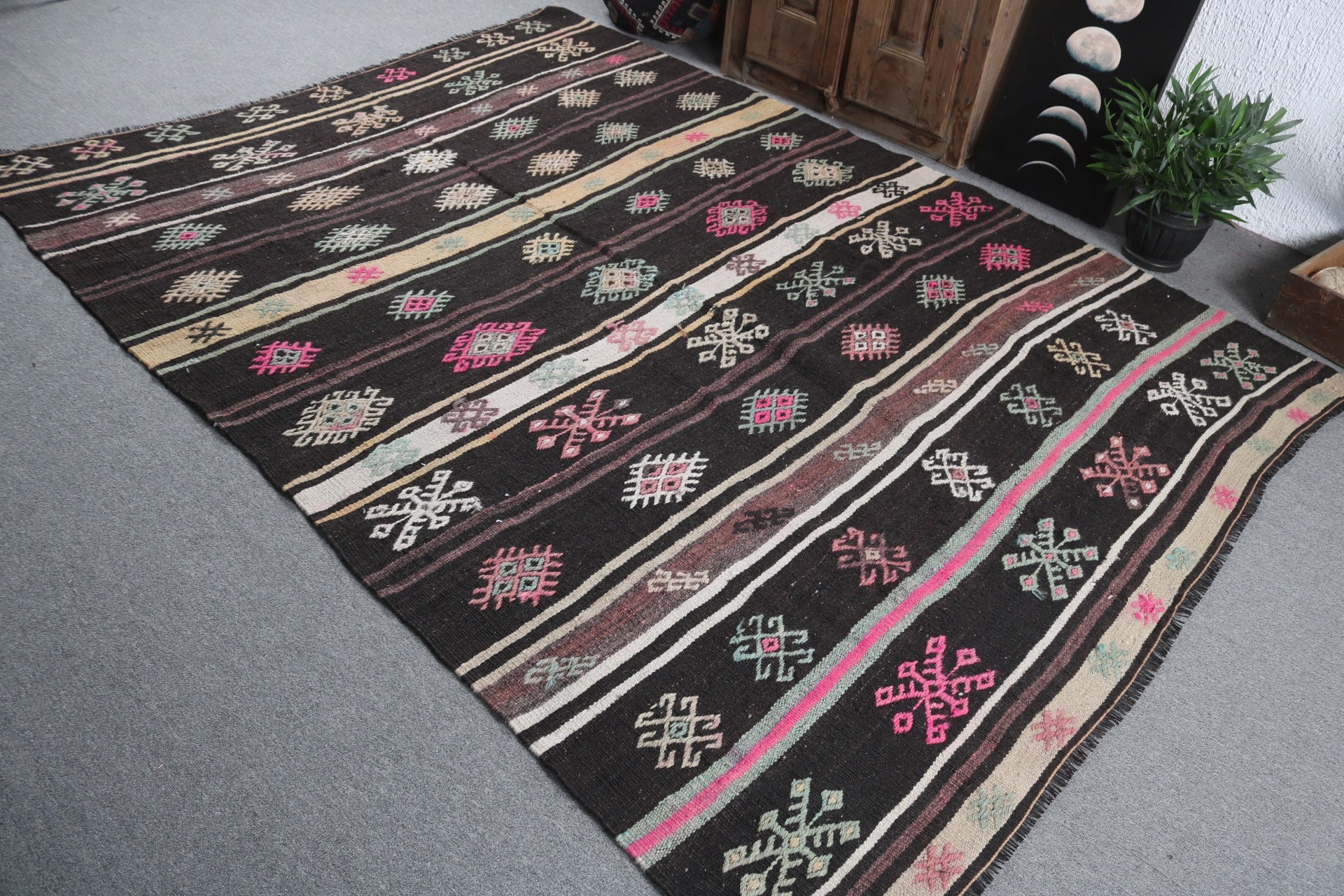 Mutfak Halıları, Siyah Lüks Halılar, Yemek Odası Halısı, Vintage Halılar, Oturma Odası Halısı, Antika Halı, 6.5x8.8 ft Büyük Halı, Türk Halıları, Kilim