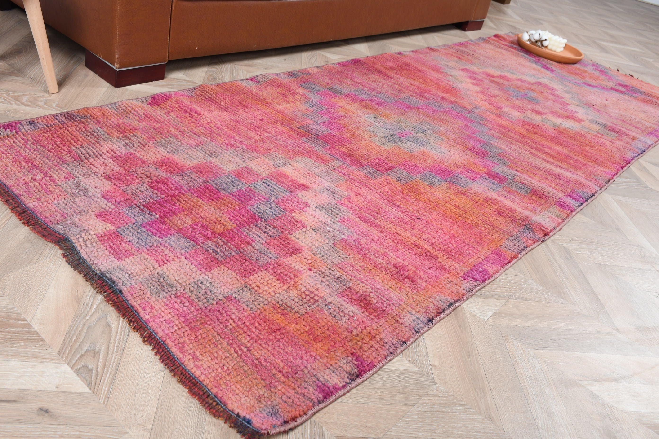 Pembe Mutfak Halıları, Vintage Halılar, Türk Halıları, Merdiven Halıları, Organik Halılar, Antika Halılar, Koridor Halısı, Yün Halı, 3x8,6 ft Yolluk Halıları