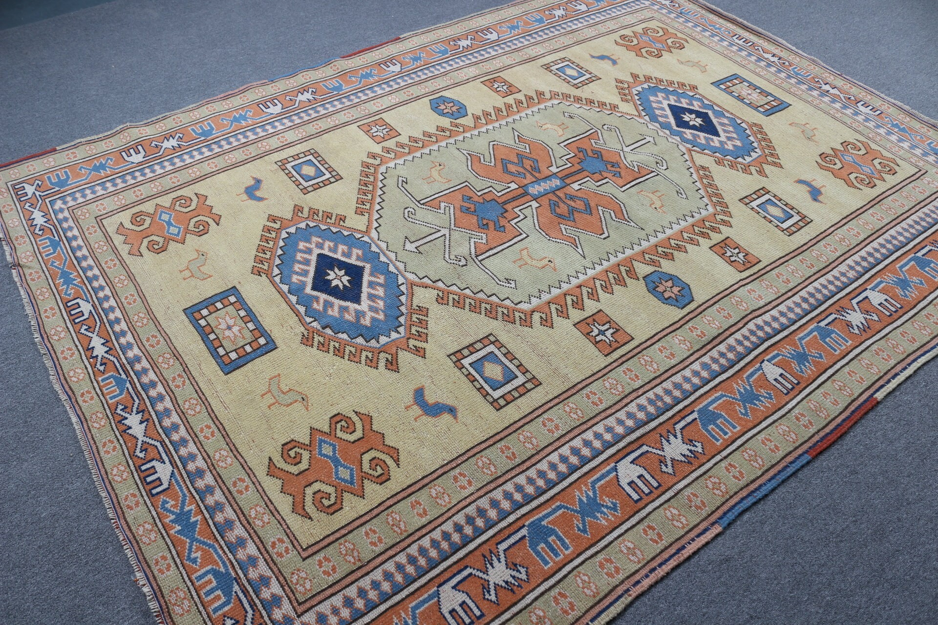 Havalı Halı, Oturma Odası Halısı, Türk Halıları, 6,2x8,1 ft Büyük Halılar, Vintage Halılar, Sarı Yer Halıları, Düz Dokuma Halılar, Yatak Odası Halısı