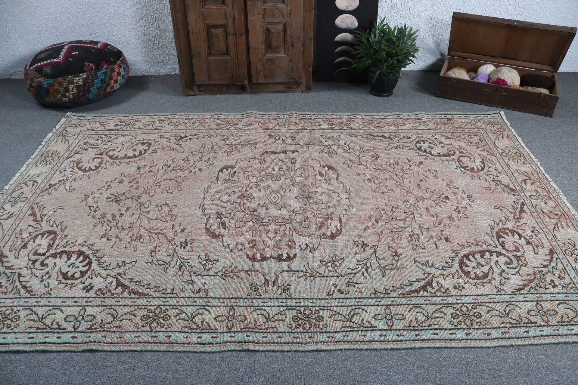 Turuncu Ev Dekor Halısı, Büyük Boho Halıları, Vintage Halılar, 5.7x8.9 ft Büyük Halılar, Salon Halıları, El Dokuma Halıları, Türk Halıları, Oushak Halıları