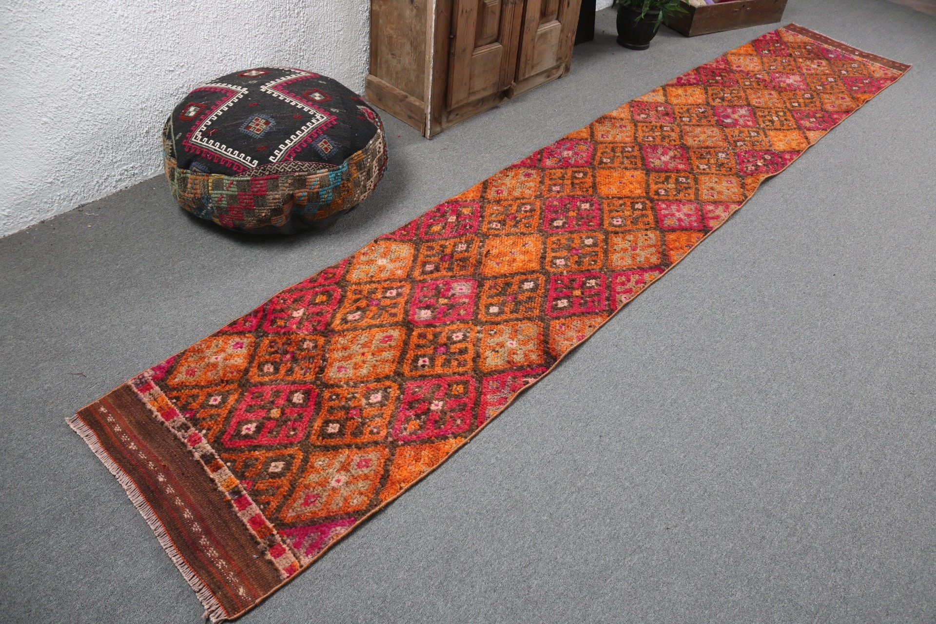 Türk Halıları, Düz Dokuma Halılar, Mutfak Halısı, Vintage Halı, 2,1x12,8 ft Yolluk Halıları, Uzun Yolluk Halısı, Nötr Halılar, Turuncu Ev Dekor Halısı