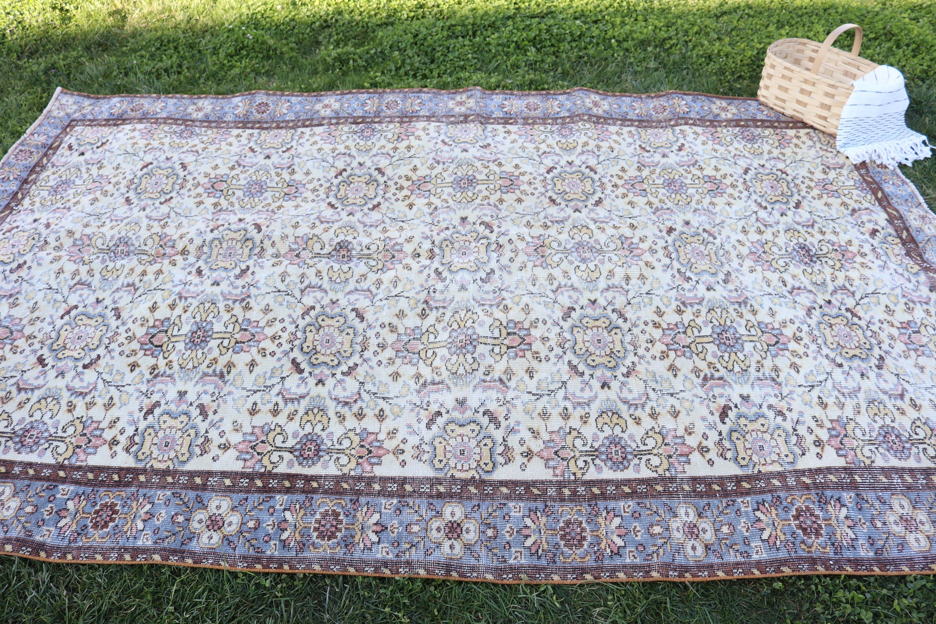 Bej Anadolu Halısı, Vintage Halı, Büyük Oushak Halıları, Büyük Boho Halısı, 5,8x9,2 ft Büyük Halıları, Türk Halısı, Fas Halısı, Havalı Halılar, Aztek Halısı