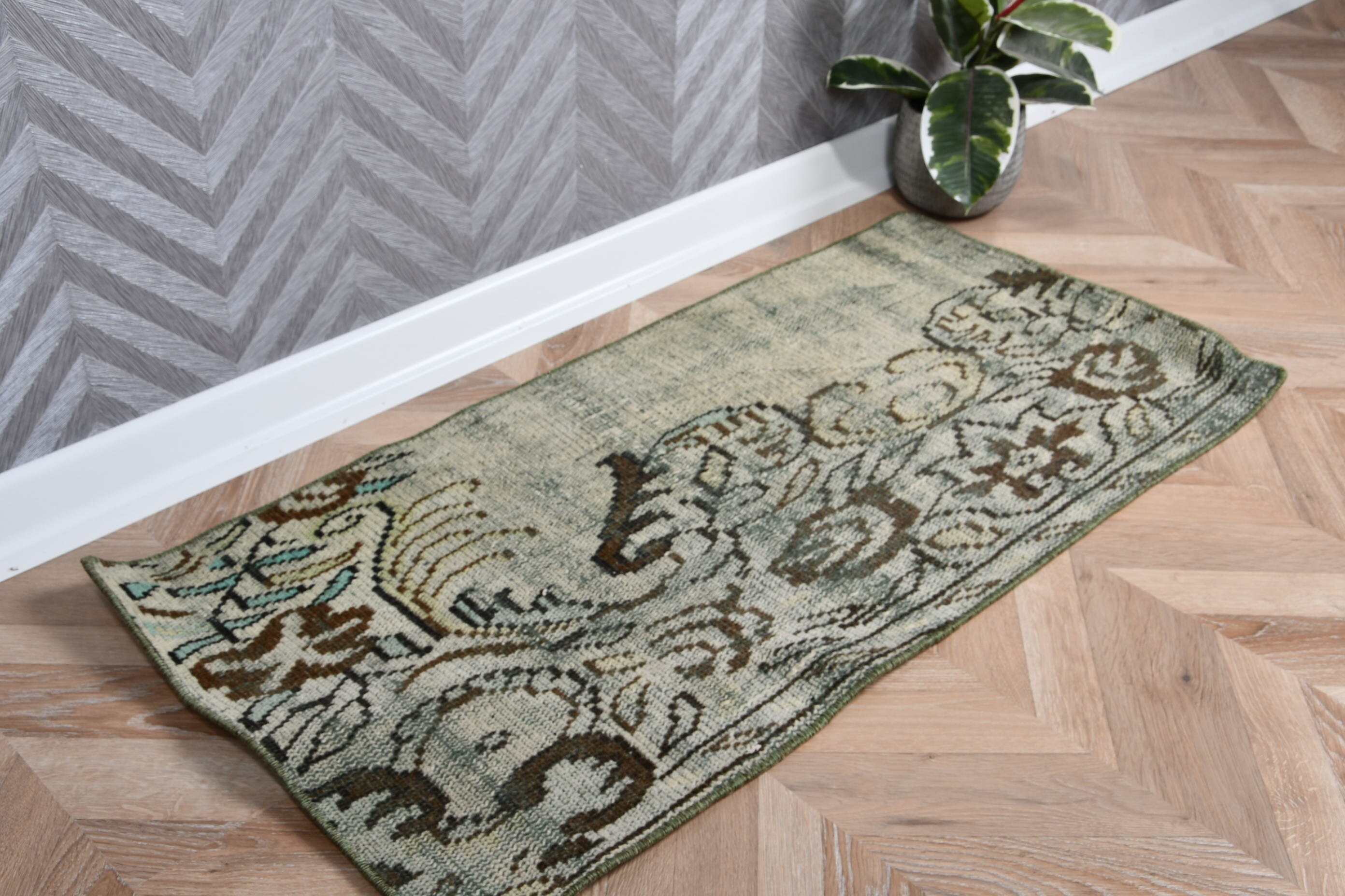 Vintage Rug, Green Wool Rug, Rugs for Door Mat, Bathroom Rugs, Wall Hanging Rugs, Cool Rug, 1.6x3.4 ft Small Rug, Floor Rug, Turkish Rug