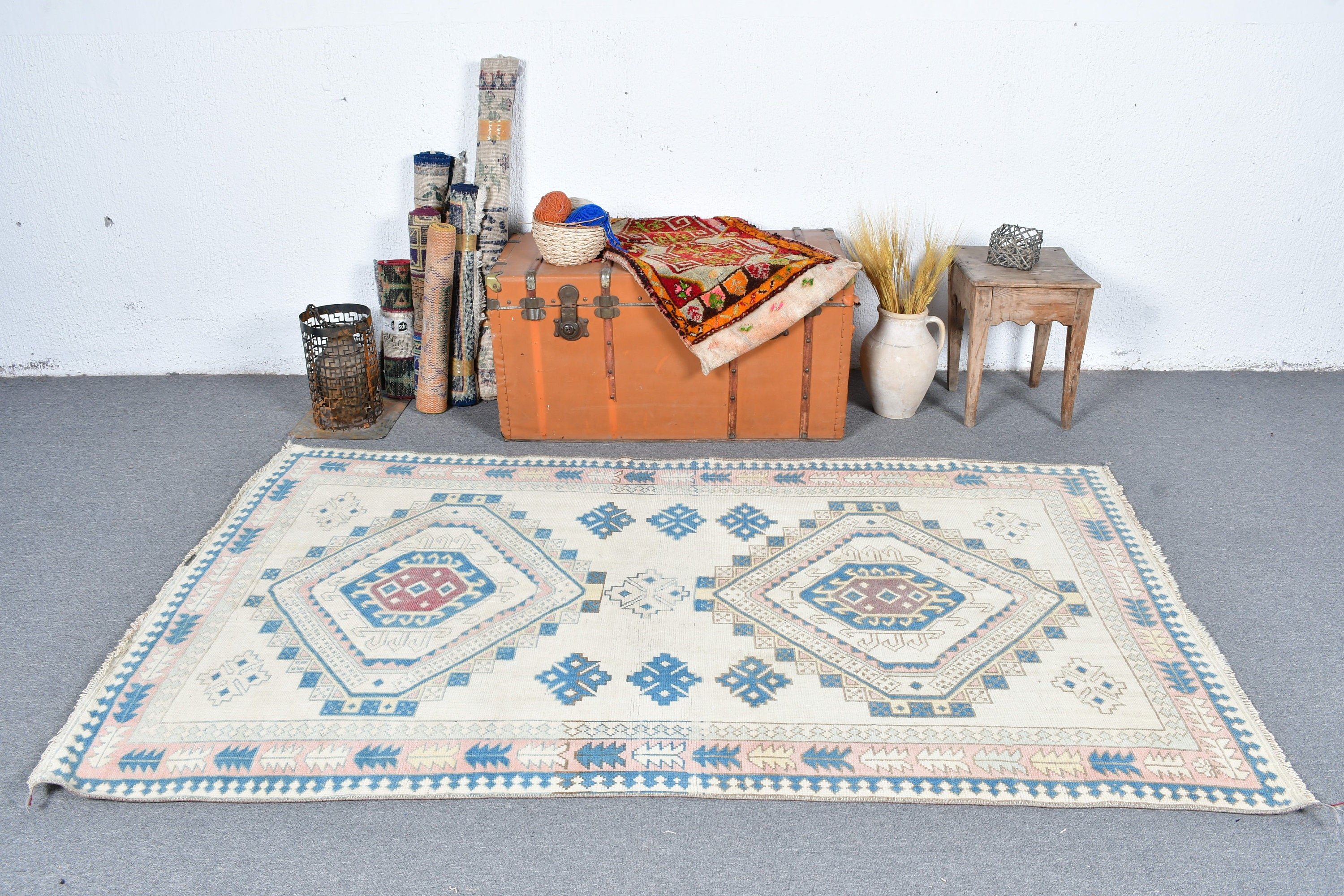 Oushak Rugs, Vintage Rug, Living Room Rugs, Turkish Rug, Oriental Rug, 4.2x7.4 ft Area Rug, Pastel Rug, Rugs for Area, Beige Anatolian Rug