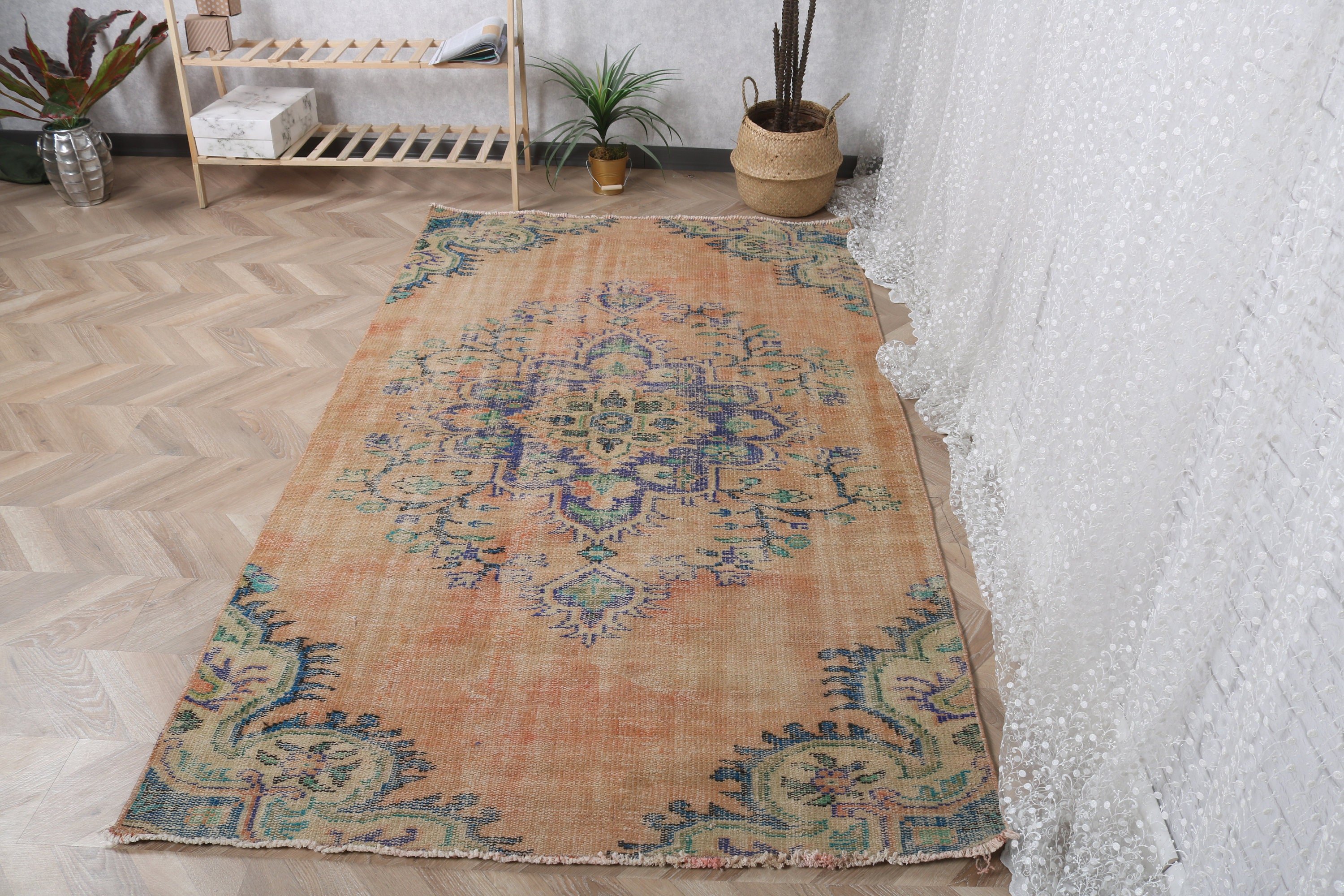 Geometrik Halı, Vintage Halılar, Çocuk Halıları, Düz Dokuma Halı, Türk Halısı, Yer Halısı, Turuncu El Dokuma Halı, Yatak Odası Halıları, 4,3x7,4 ft Alan Halıları