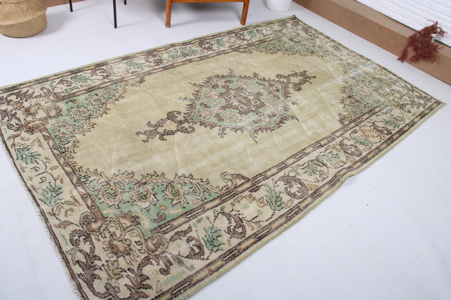 Büyük Boho Halı, Ev Dekor Halısı, 5.3x8.4 ft Büyük Halı, Türk Halısı, Dekoratif Halılar, Yeşil Antika Halı, Yatak Odası Halıları, Havalı Halılar, Vintage Halı