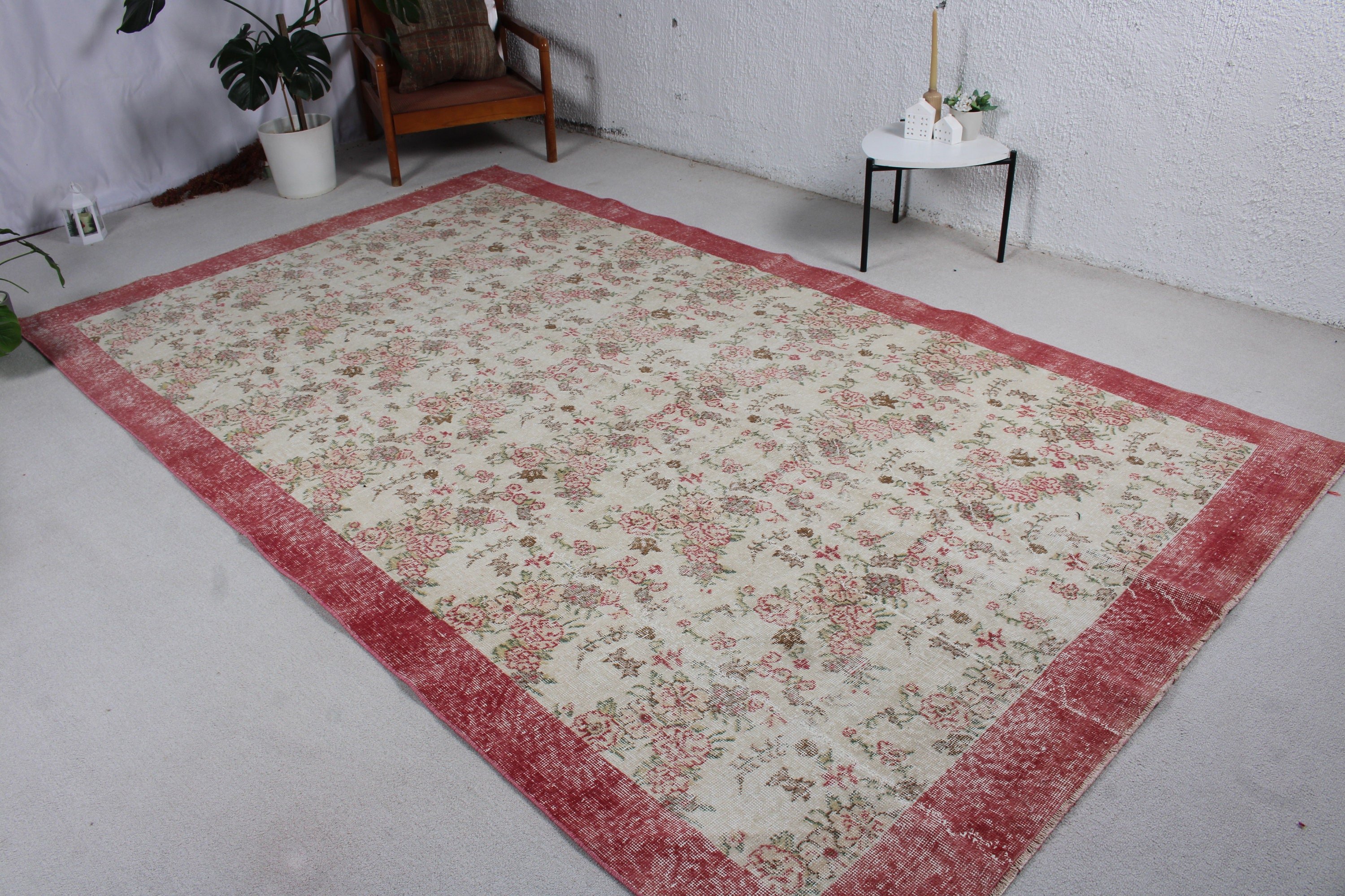 Türk Halıları, 6.3x10.5 ft Büyük Halılar, Büyük Oushak Halısı, Düz Dokuma Halılar, Boho Halısı, Vintage Halı, Yatak Odası Halısı, Pembe El Dokuma Halısı, Antika Halı