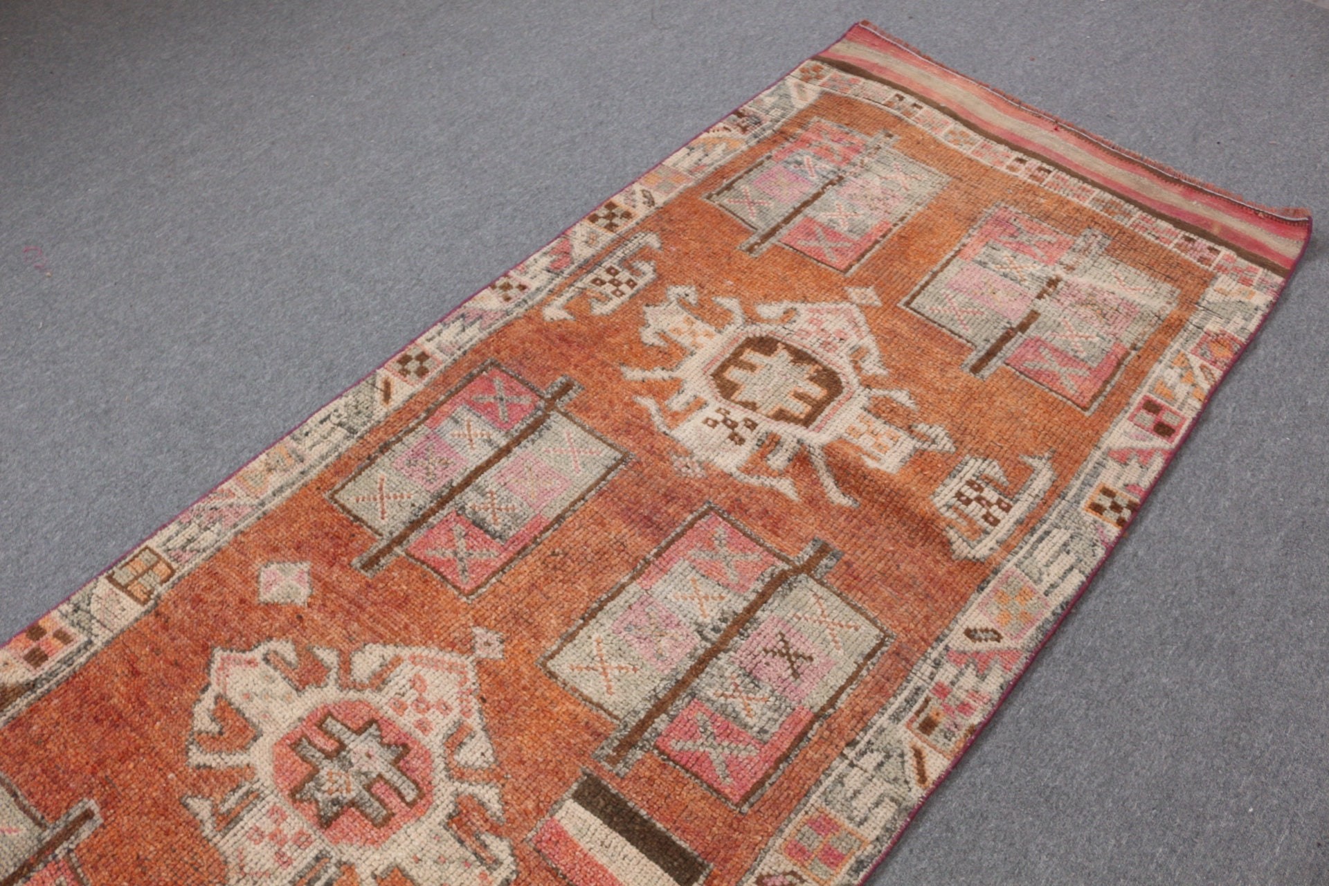 Turkish Rug, Art Rug, Orange Moroccan Rugs, Bedroom Rugs, Rugs for Corridor, 3.4x12.8 ft Runner Rug, Corridor Rug, Floor Rug, Vintage Rug