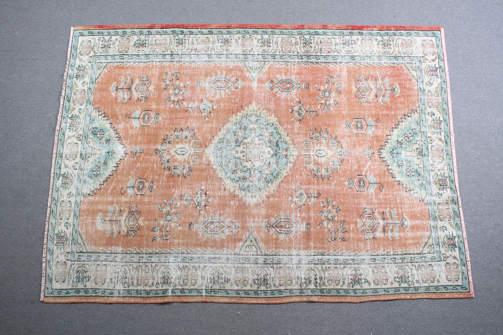 Salon Halıları, Oryantal Halı, Yemek Odası Halıları, Türk Halıları, 6,3x8,8 ft Büyük Halı, Eski Halılar, Fas Halısı, Vintage Halı, Turuncu Yün Halı