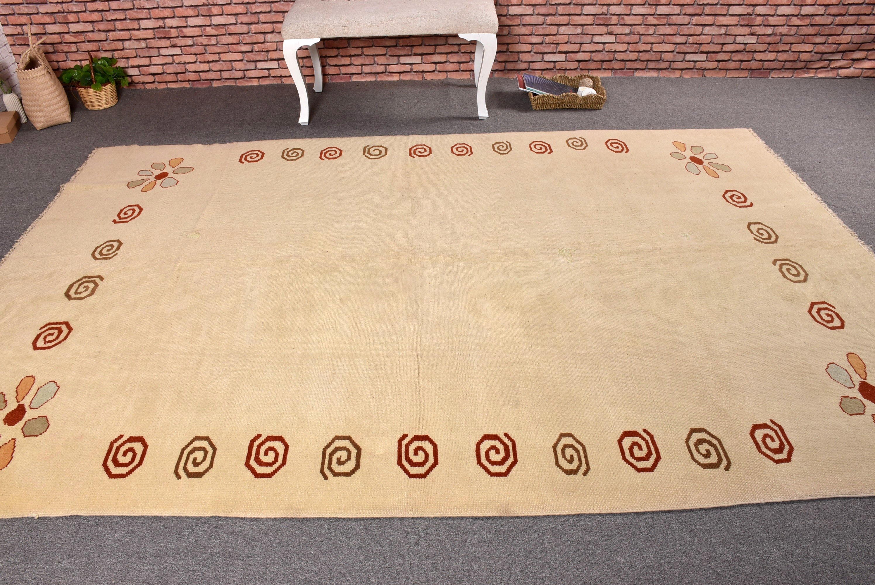 6.3x9.5 ft Büyük Halılar, Bej Oushak Halılar, Oushak Halılar, Yatak Odası Halıları, Türk Halıları, Boho Halılar, Vintage Halı, El Dokuma Halı, Büyük Boho Halılar