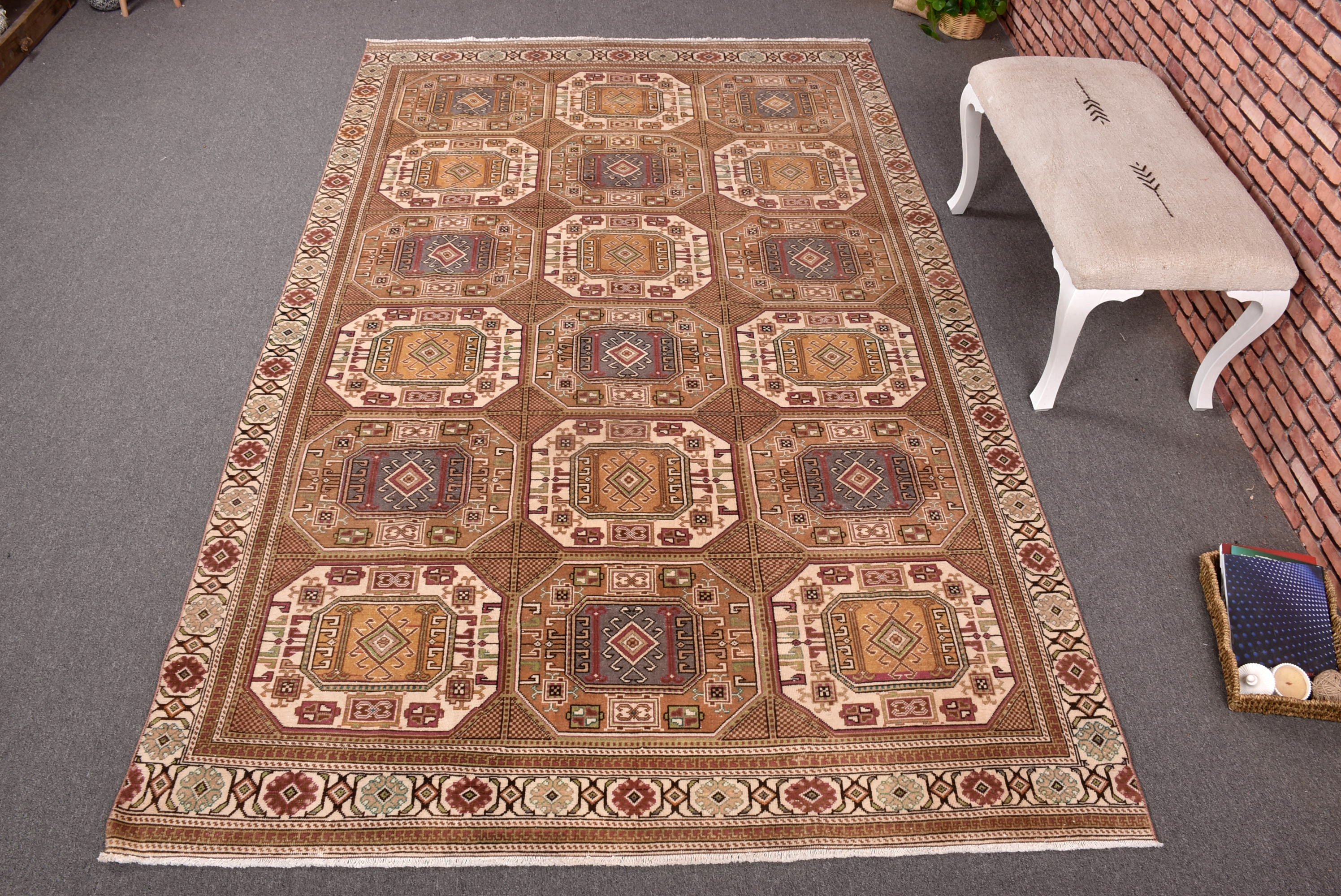 Brown Luxury Rug, Vintage Rugs, Rugs for Salon, 6x9.6 ft Large Rug, Salon Rug, Kitchen Rug, Living Room Rug, Turkish Rugs