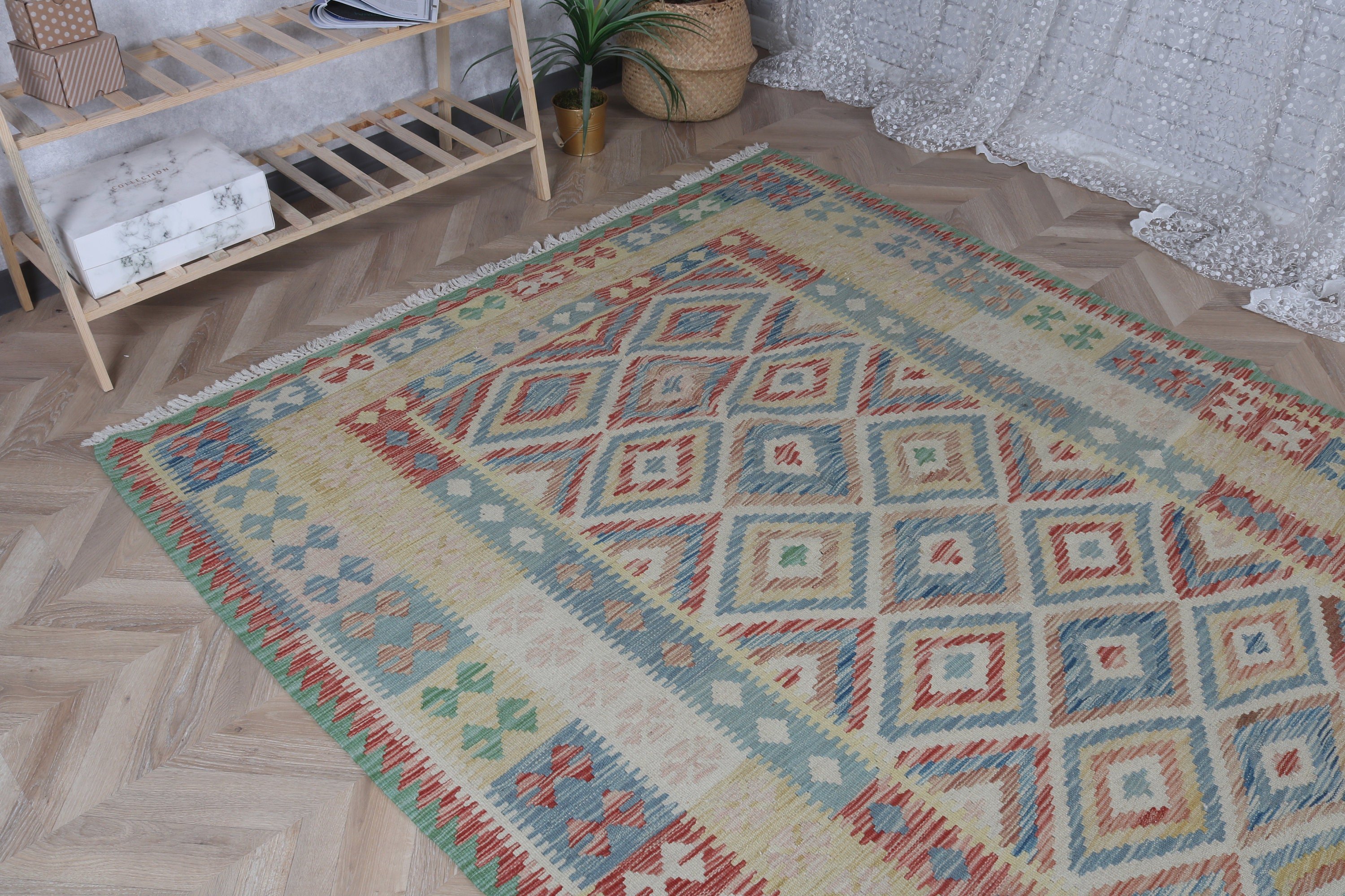 Vintage Halı, 5.3x8 ft Büyük Halı, Türk Halısı, Etnik Halı, Gökkuşağı Oryantal Halısı, Modern Halılar, Yatak Odası Halıları, Yün Halılar, Oturma Odası Halıları