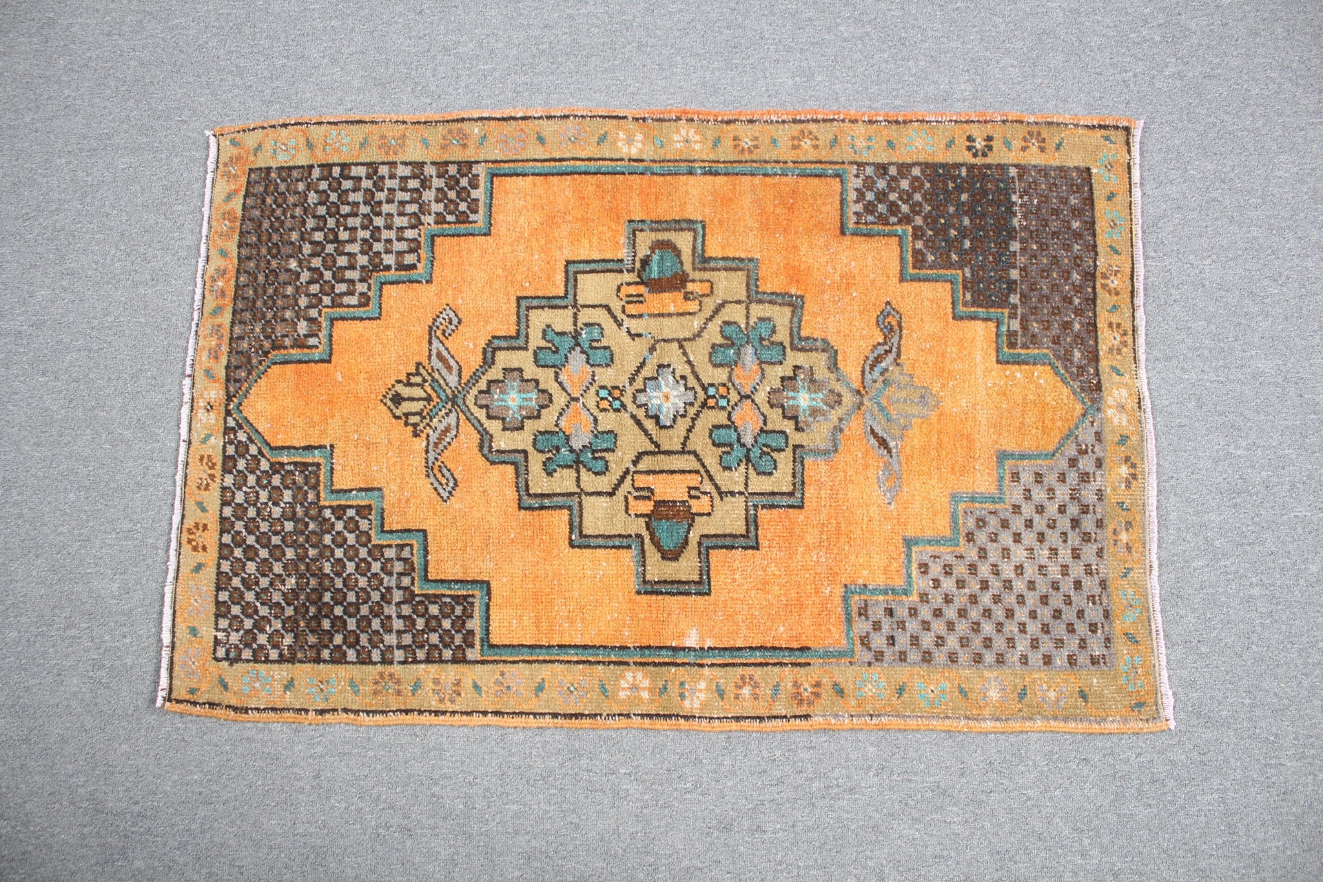 Araba Paspas Halısı, Sessiz Halı, 2,5x3,8 ft Küçük Halı, Giriş Halıları, Oushak Halıları, Turuncu Antika Halılar, Vintage Halılar, Türk Halıları