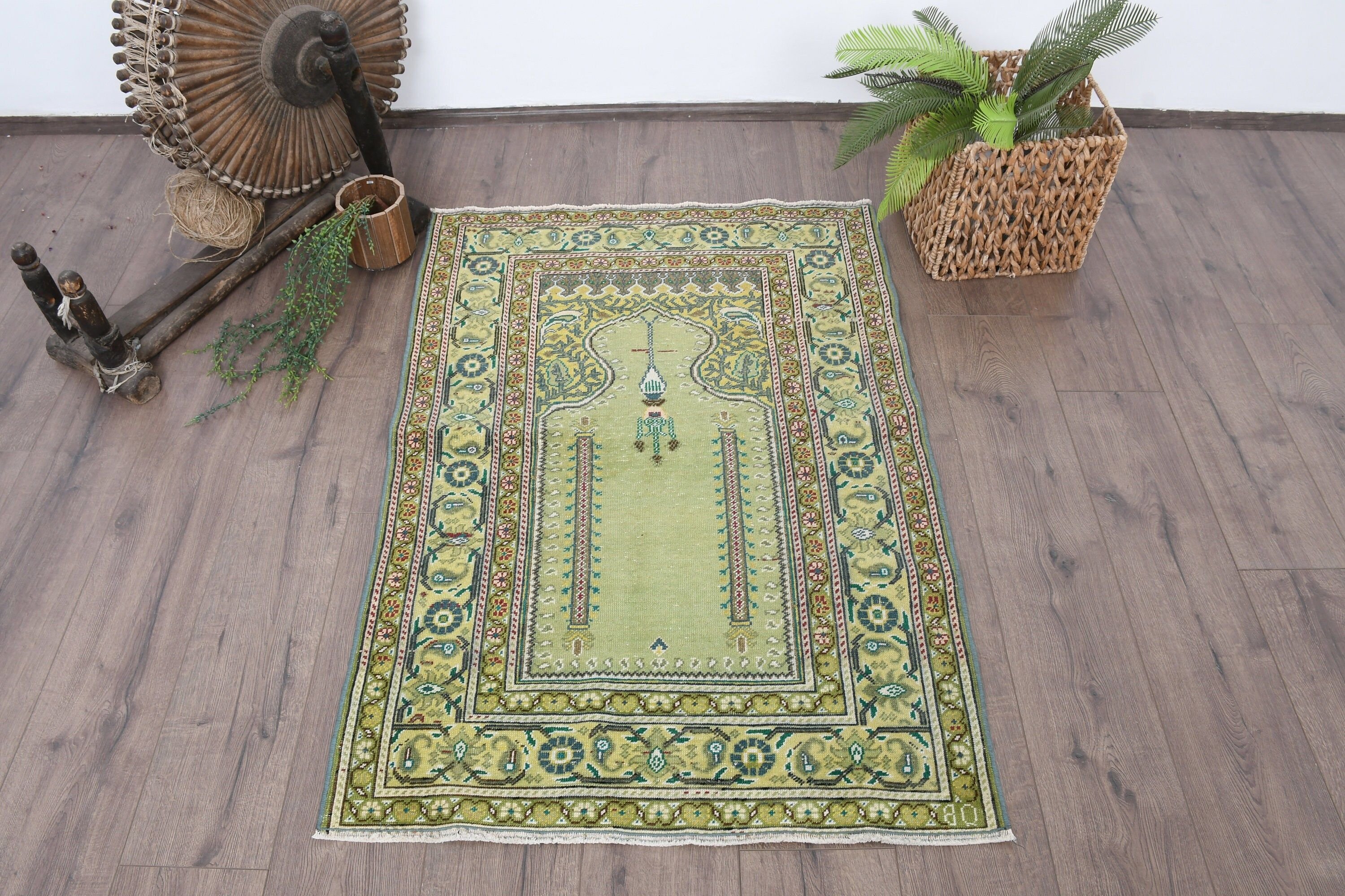 Antique Rugs, Turkish Rug, 2.8x4.1 ft Small Rug, Vintage Rug, Rugs for Kitchen, Green Bedroom Rugs, Hand Knotted Rug, Oushak Rugs, Bath Rug