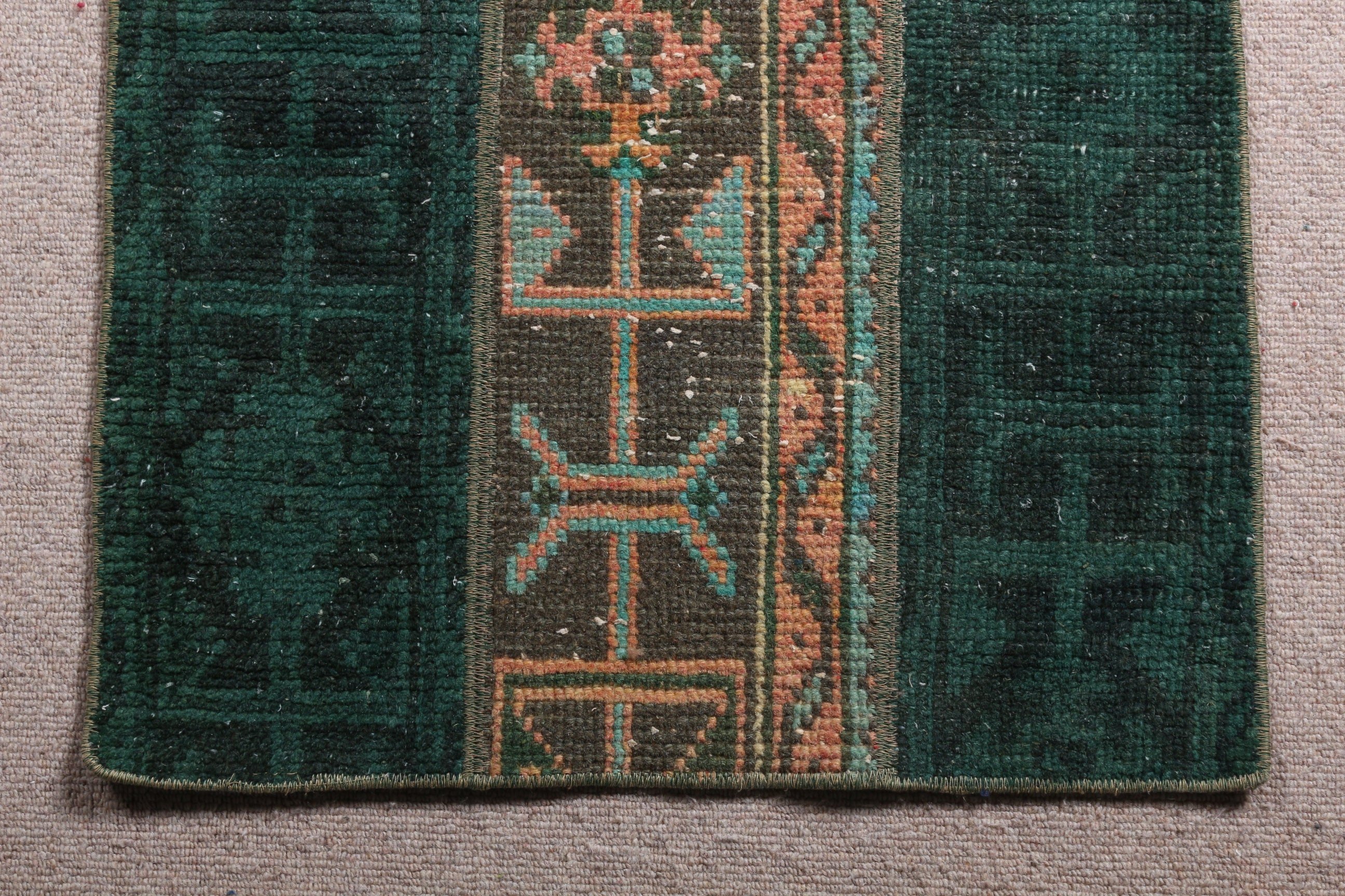 Yer Halısı, Vintage Halı, Yeşil 2x4.1 ft Küçük Halı, Araba Paspas Halıları, Araba Paspas Halısı, Banyo Halısı, Antika Halı, Türk Halıları
