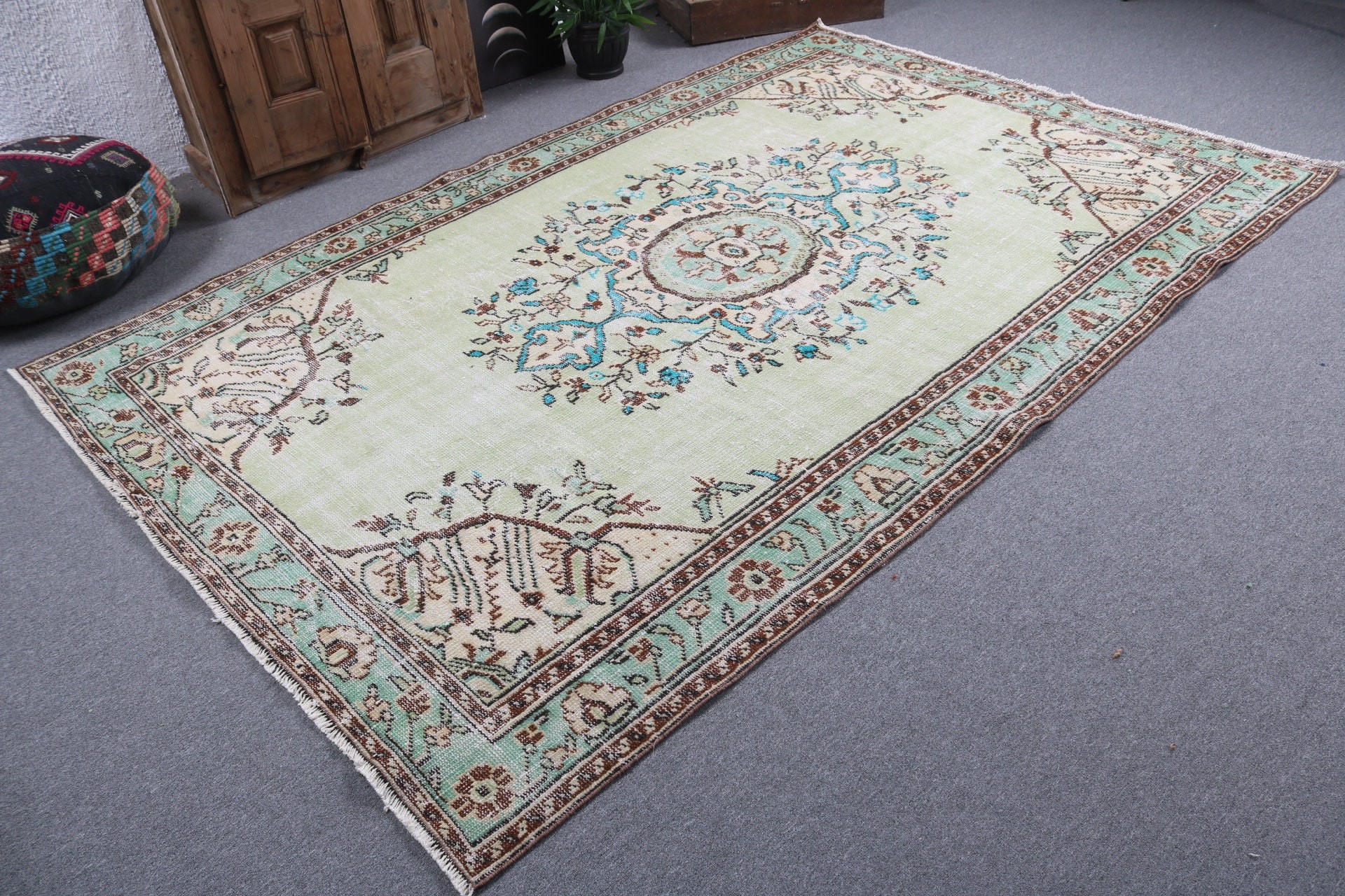 Vintage Halı, Düz Dokuma Halı, Salon Halısı, 5.9x9.1 ft Büyük Halı, Türk Halıları, Yeşil Ev Dekor Halıları, Oushak Halıları, Yer Halıları, Oturma Odası Halıları