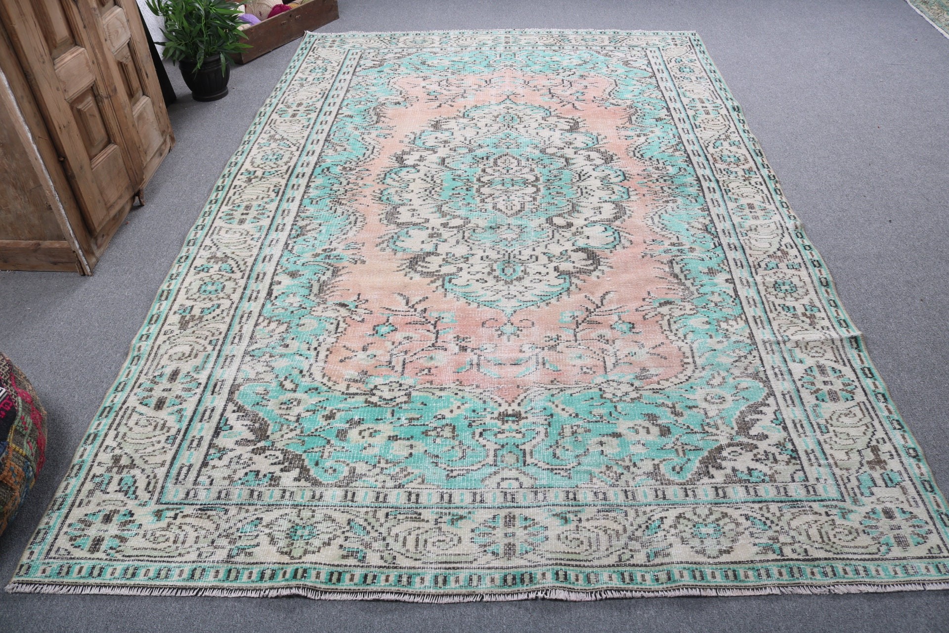 6.5x10.1 ft Büyük Halı, Türk Halıları, Ev Dekor Halısı, Büyük Oushak Halısı, Yeşil Modern Halılar, Vintage Halılar, Büyük Vintage Halılar