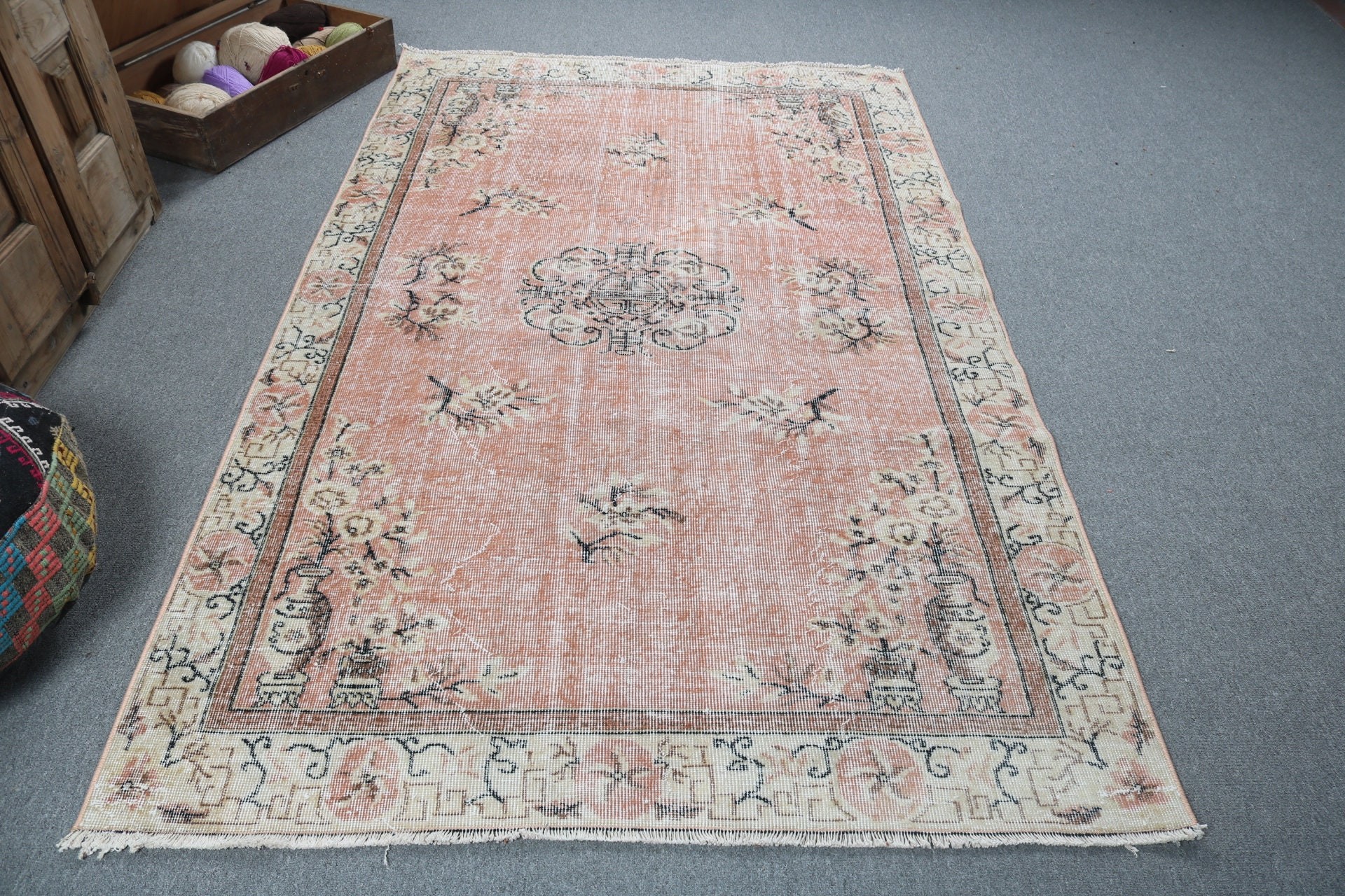 Vintage Halı, Boho Halı, Oushak Bölge Halıları, Kahverengi El Dokuma Halı, Yemek Odası Halıları, 4.8x7.9 ft Alan Halıları, Geometrik Halılar, Türk Halısı