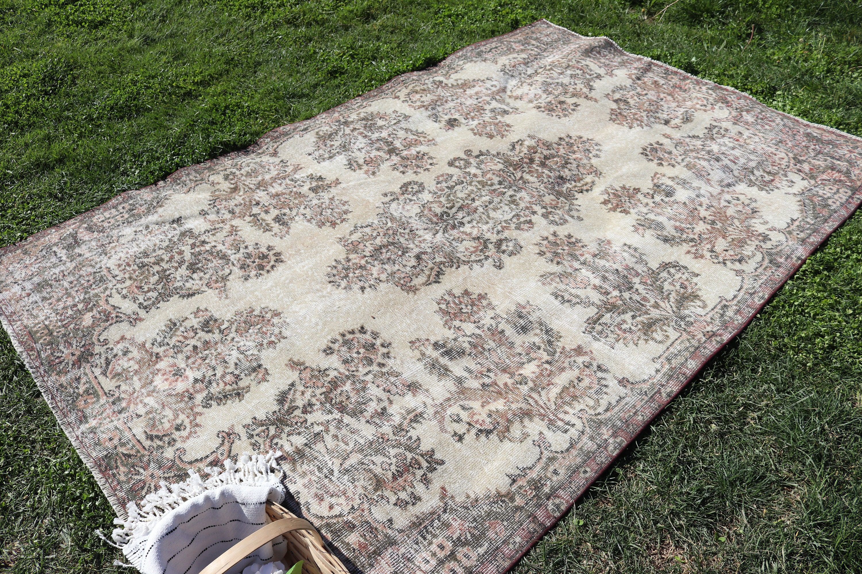 Mutfak Halıları, Türk Halısı, Bej Yün Halılar, Etnik Halılar, Vintage Halılar, Yatak Odası Halısı, 5.5x8.7 ft Büyük Halı, Büyük Oushak Halıları